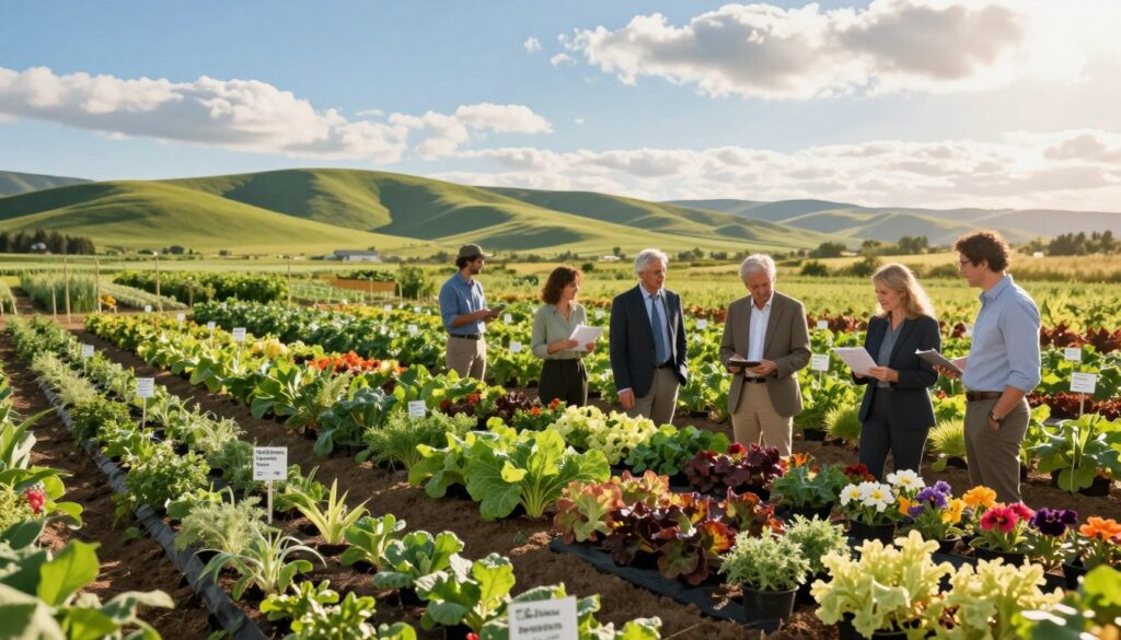 A vibrant agricultural scene showcasing niche alternative crops for income diversification. In the foreground, a diverse group of farmers, dressed in professional business attire, examine a selection of unusual crops such as exotic herbs, bioengineered vegetables, and vibrant flowers in a sunlit field. The middle of the image features a well-organized section of neatly planted rows with signage indicating each crop variety. In the background, rolling green hills stretch under a bright blue sky, with fluffy clouds, creating a peaceful yet productive atmosphere. Soft, golden sunlight enhances the colors of the plants and creates inviting shadows. The scene evokes a sense of innovation, sustainability, and the potential for profitable farming ventures, captured from a slightly elevated angle for a comprehensive view.