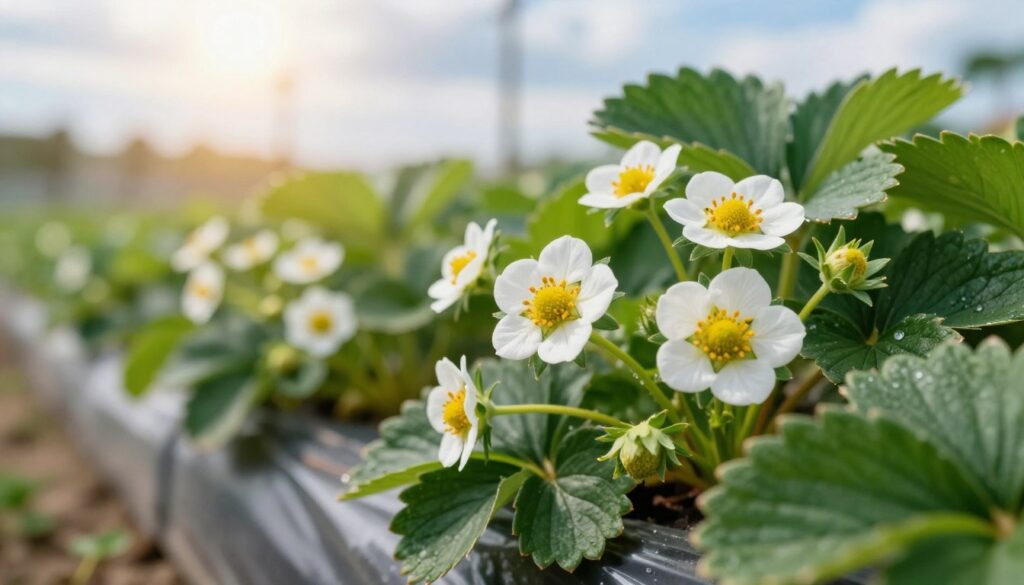 A vibrant and detailed close-up image of strawberry plants in full bloom, showcasing delicate white flowers with bright yellow centers and lush green leaves. In the foreground, a few flowers are surrounded by subtle signs of protection, such as organic protective barriers or natural pest repellents. The background features a blurred garden scene with rising sunlight filtering through soft clouds, creating a warm and inviting atmosphere. The image is taken with a macro lens to emphasize the intricate details of the flowers and leaves, while soft focus keeps the viewer's attention on the beautiful blooms. The mood is serene and hopeful, symbolizing a healthy growing environment for the strawberries. A vibrant and detailed close-up image of strawberry plants in full bloom, showcasing delicate white flowers with bright yellow centers and lush green leaves. In the foreground, a few flowers are surrounded by subtle signs of protection, such as organic protective barriers or natural pest repellents. The background features a blurred garden scene with rising sunlight filtering through soft clouds, creating a warm and inviting atmosphere. The image is taken with a macro lens to emphasize the intricate details of the flowers and leaves, while soft focus keeps the viewer's attention on the beautiful blooms. The mood is serene and hopeful, symbolizing a healthy growing environment for the strawberries.