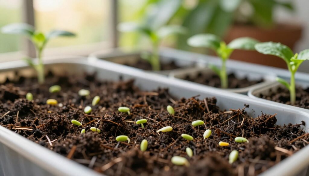 A vibrant and detailed close-up of a well-prepared substrate for cucumber seedlings in a home gardening context. In the foreground, show the rich, dark soil mixed with organic matter, with small, healthy cucumber seeds sprinkled throughout. In the middle ground, include several small pots filled with the prepared substrate, showcasing sprouting seedlings with lush green leaves. In the background, hint at a sunny balcony or greenhouse setting, with soft, dappled sunlight filtering through the leaves, creating a warm and inviting atmosphere. The image should have a focus that mimics a shallow depth of field, emphasizing the substrate while gently blurring the background to evoke a sense of growth and nurturing. Ideal lighting should be soft and natural, promoting a sense of vitality and hope for cultivation. A vibrant and detailed close-up of a well-prepared substrate for cucumber seedlings in a home gardening context. In the foreground, show the rich, dark soil mixed with organic matter, with small, healthy cucumber seeds sprinkled throughout. In the middle ground, include several small pots filled with the prepared substrate, showcasing sprouting seedlings with lush green leaves. In the background, hint at a sunny balcony or greenhouse setting, with soft, dappled sunlight filtering through the leaves, creating a warm and inviting atmosphere. The image should have a focus that mimics a shallow depth of field, emphasizing the substrate while gently blurring the background to evoke a sense of growth and nurturing. Ideal lighting should be soft and natural, promoting a sense of vitality and hope for cultivation.