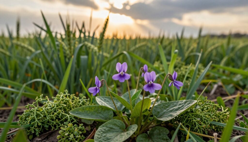 A vibrant and detailed depiction of a field violet (fiołek polny) growing in a lush green agricultural field. In the foreground, the delicate purple petals of the violet bloom attractively contrast with broadleaf weeds and creeping grasses, showcasing the challenges of weed management. The middle ground highlights the vibrant green of winter wheat (pszenżyto ozime) that stretches across the field, emphasizing the importance of effective pest control. In the background, rays of soft golden sunlight filter through scattered clouds, creating a warm and serene atmosphere. The scene is captured from a low angle with a shallow depth of field to focus on the violet and slightly blur the wheat, drawing attention to the key subject while subtly integrating the broader agricultural context. The overall mood is a blend of beauty and concern for crop health. A vibrant and detailed depiction of a field violet (fiołek polny) growing in a lush green agricultural field. In the foreground, the delicate purple petals of the violet bloom attractively contrast with broadleaf weeds and creeping grasses, showcasing the challenges of weed management. The middle ground highlights the vibrant green of winter wheat (pszenżyto ozime) that stretches across the field, emphasizing the importance of effective pest control. In the background, rays of soft golden sunlight filter through scattered clouds, creating a warm and serene atmosphere. The scene is captured from a low angle with a shallow depth of field to focus on the violet and slightly blur the wheat, drawing attention to the key subject while subtly integrating the broader agricultural context. The overall mood is a blend of beauty and concern for crop health.
