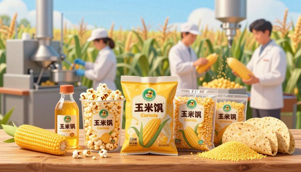 A vibrant and detailed illustration showcasing the application of corn in the food industry. In the foreground, a diverse array of processed corn products such as corn syrup, popcorn, cornmeal, and tortillas elegantly displayed on a wooden table, emphasizing their textures and colors. In the middle ground, include workers in professional attire engaged in quality control, checking corn products in a processing facility, surrounded by industrial machinery and bags of corn. The background features a soft-focus agricultural landscape with tall corn stalks under a bright blue sky, creating a sense of abundance. The lighting is warm and inviting, enhancing the colors of the corn products, with a shallow depth of field to draw focus to the foreground elements, conveying a mood of productivity and sustainability in the food industry.