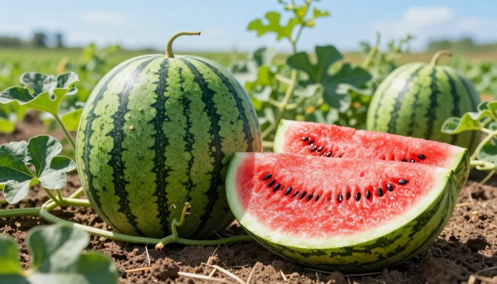 A vibrant and detailed image of 'Arbuz Rosario F1' watermelons, showcasing their distinctive features. In the foreground, a perfectly ripe Arbuz Rosario F1 watermelon, showcasing its glossy antimony green skin with deep stripes, partially sliced to reveal the juicy, bright red flesh dotted with black seeds. The middle ground includes a lush green vine, sprawling across rich, dark soil, with healthy leaves catching the natural sunlight. In the background, a sun-drenched field with a clear blue sky, emphasizing a warm, inviting atmosphere. Soft shadows play across the scene, accentuating the freshness of the fruits. A gentle breeze adds a sense of life to the image, inviting viewers to appreciate the beauty and essence of this unique watermelon variety. A vibrant and detailed image of 'Arbuz Rosario F1' watermelons, showcasing their distinctive features. In the foreground, a perfectly ripe Arbuz Rosario F1 watermelon, showcasing its glossy antimony green skin with deep stripes, partially sliced to reveal the juicy, bright red flesh dotted with black seeds. The middle ground includes a lush green vine, sprawling across rich, dark soil, with healthy leaves catching the natural sunlight. In the background, a sun-drenched field with a clear blue sky, emphasizing a warm, inviting atmosphere. Soft shadows play across the scene, accentuating the freshness of the fruits. A gentle breeze adds a sense of life to the image, inviting viewers to appreciate the beauty and essence of this unique watermelon variety.