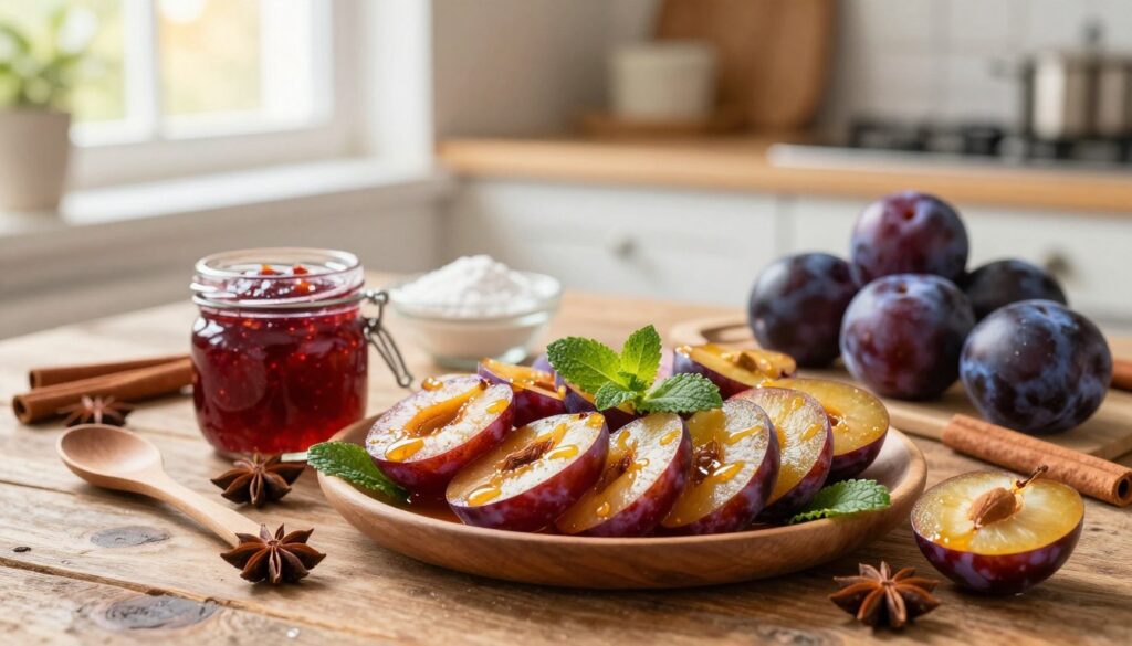 A vibrant and enticing still-life scene showcasing culinary inspirations featuring plums. In the foreground, a rustic wooden table is adorned with a beautifully arranged platter of sliced ripe plums, drizzled with honey and sprinkled with fresh mint leaves. Beside the platter, a small jar filled with plum jam and a wooden spoon lie invitingly. In the middle ground, there are an array of ingredients like cinnamon sticks, star anise, and powdered sugar, all artfully displayed. The background features soft-focus kitchen elements, like a window with natural sunlight streaming in, casting a warm glow over the scene. The overall mood is inviting and cozy, evoking a sense of autumn culinary delights, with a focus on freshness and flavor.