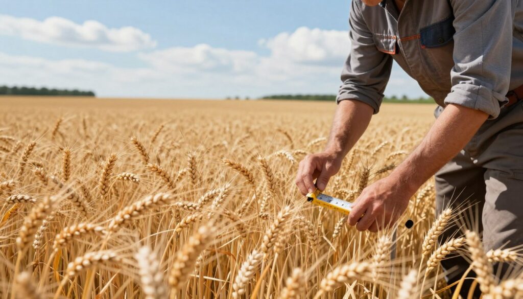 A vibrant and informative agricultural scene depicting practical field techniques for farmers. In the foreground, a farmer in professional work attire, demonstrating the measurement of wheat density with a measuring device, surrounded by golden wheat stalks swaying gently in the breeze. The middle ground features rows of ripe wheat in a well-maintained field, emphasizing the importance of proper agricultural practices. In the background, a clear blue sky with soft clouds, hinting at a warm summer day. The lighting is bright and natural, casting soft shadows to enhance the textures of the wheat. The overall mood is optimistic and educational, representing the dedication and expertise of modern farming techniques. A vibrant and informative agricultural scene depicting practical field techniques for farmers. In the foreground, a farmer in professional work attire, demonstrating the measurement of wheat density with a measuring device, surrounded by golden wheat stalks swaying gently in the breeze. The middle ground features rows of ripe wheat in a well-maintained field, emphasizing the importance of proper agricultural practices. In the background, a clear blue sky with soft clouds, hinting at a warm summer day. The lighting is bright and natural, casting soft shadows to enhance the textures of the wheat. The overall mood is optimistic and educational, representing the dedication and expertise of modern farming techniques.