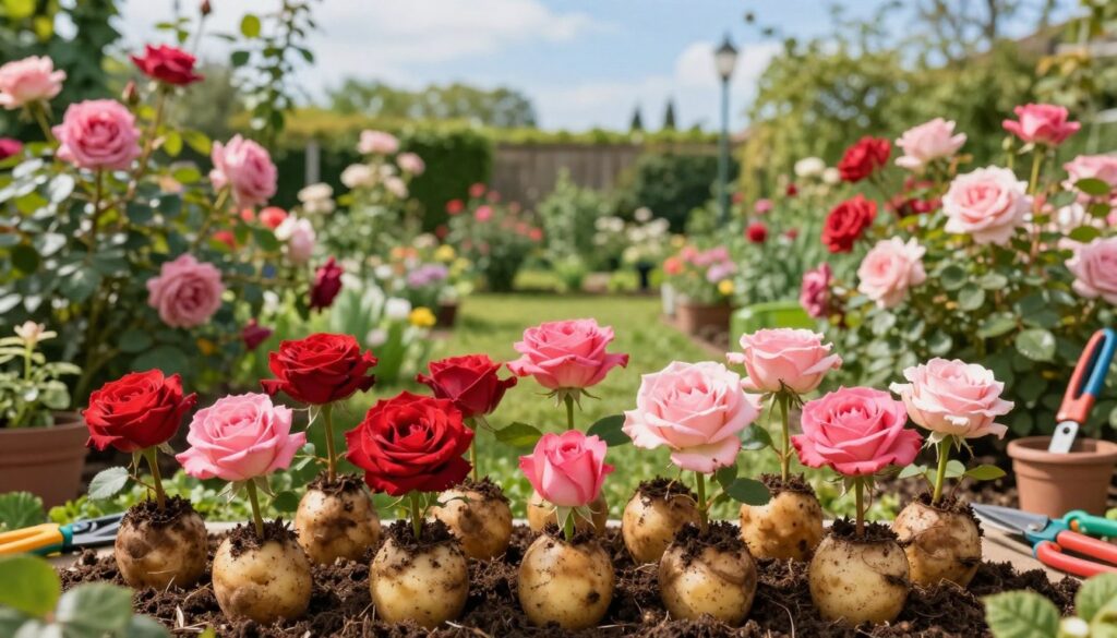 A vibrant and lush garden scene showcasing alternative methods of rose propagation. In the foreground, a variety of rose cuttings are nestled in potato halves, with fresh soil visible around them. The cuttings range in color from deep crimson to soft pink, creating a warm and inviting visual. In the middle ground, the garden is filled with flourishing rose bushes, bursting with blooms, and dotted with various gardening tools such as pruning shears and small pots. The background features a soft-focus view of a sunny garden with gently swaying leaves and a blue sky, creating a peaceful atmosphere. The lighting is bright and natural, reminiscent of a crisp morning, enhancing the colors and giving the scene a sense of life and growth. A vibrant and lush garden scene showcasing alternative methods of rose propagation. In the foreground, a variety of rose cuttings are nestled in potato halves, with fresh soil visible around them. The cuttings range in color from deep crimson to soft pink, creating a warm and inviting visual. In the middle ground, the garden is filled with flourishing rose bushes, bursting with blooms, and dotted with various gardening tools such as pruning shears and small pots. The background features a soft-focus view of a sunny garden with gently swaying leaves and a blue sky, creating a peaceful atmosphere. The lighting is bright and natural, reminiscent of a crisp morning, enhancing the colors and giving the scene a sense of life and growth.