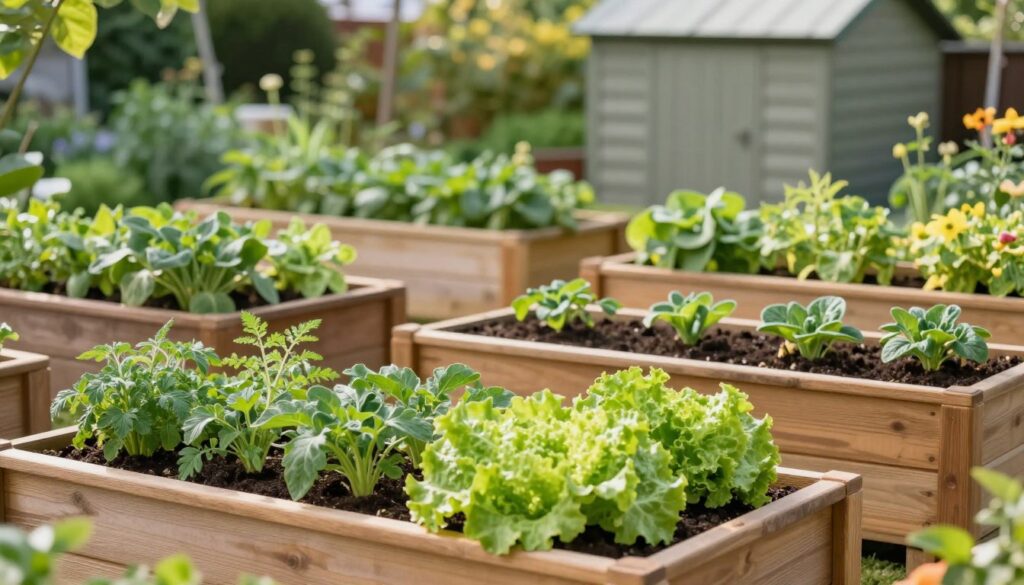 A vibrant and organized garden scene showcasing a selection of plants suited for confined spaces, arranged in stylish wooden planter boxes. In the foreground, various vegetables like tomatoes, lettuce, and herbs are lush and in full bloom, illustrating a successful growing environment. The middle ground features neatly arranged planters, some filled with fertile soil, while others display thriving plants. In the background, a softly blurred garden shed adds depth, surrounded by soft sunlight filtering through greenery, enhancing the atmosphere of growth and sustainability. The scene conveys a sense of tranquility and productivity, captured with warm, natural lighting, and a slight depth of field. The image should evoke inspiration for urban gardening and efficient space utilization. A vibrant and organized garden scene showcasing a selection of plants suited for confined spaces, arranged in stylish wooden planter boxes. In the foreground, various vegetables like tomatoes, lettuce, and herbs are lush and in full bloom, illustrating a successful growing environment. The middle ground features neatly arranged planters, some filled with fertile soil, while others display thriving plants. In the background, a softly blurred garden shed adds depth, surrounded by soft sunlight filtering through greenery, enhancing the atmosphere of growth and sustainability. The scene conveys a sense of tranquility and productivity, captured with warm, natural lighting, and a slight depth of field. The image should evoke inspiration for urban gardening and efficient space utilization.
