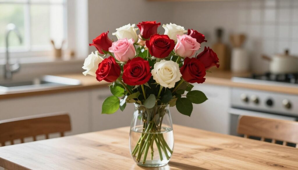 A vibrant arrangement of fresh, fully bloomed roses in a clear glass vase, placed on a wooden table. The background features a softly blurred kitchen setting, bathed in warm, natural light streaming in from a nearby window. The roses should display rich hues of red, pink, and white, contrasting with the subtle green of their leaves. The composition should capture the beauty and vitality of the flowers after a rejuvenating treatment, emphasizing their freshness. Use a shallow depth of field to focus on the vase and flowers while gently blurring the background, evoking a serene and uplifting atmosphere. The scene should convey a sense of hope and revitalization. A vibrant arrangement of fresh, fully bloomed roses in a clear glass vase, placed on a wooden table. The background features a softly blurred kitchen setting, bathed in warm, natural light streaming in from a nearby window. The roses should display rich hues of red, pink, and white, contrasting with the subtle green of their leaves. The composition should capture the beauty and vitality of the flowers after a rejuvenating treatment, emphasizing their freshness. Use a shallow depth of field to focus on the vase and flowers while gently blurring the background, evoking a serene and uplifting atmosphere. The scene should convey a sense of hope and revitalization.