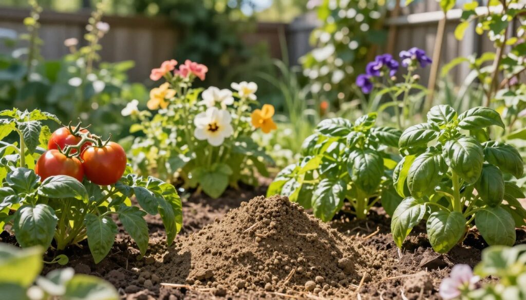 A vibrant arrangement showcasing "nawóz drożdży" with various plants in a lush garden setting. In the foreground, a rich, earthy pile of yeast-sourced fertilizer, textured and organic, surrounded by healthy green plants like tomatoes, basil, and peppers. In the middle, a soft-focus of blooming flowers and leafy greens, thriving under bright, natural sunlight, casting gentle shadows on the ground. In the background, a blurred garden fence or trellis adorned with climbing vines, enriching the atmosphere of abundant growth. The lighting is warm and inviting, suggesting a sunny day, evoking a sense of fertile abundance and health. The composition captures the essence of nurturing plants with yeast fertilizer, emphasizing lushness and vitality without any human presence. A vibrant arrangement showcasing "nawóz drożdży" with various plants in a lush garden setting. In the foreground, a rich, earthy pile of yeast-sourced fertilizer, textured and organic, surrounded by healthy green plants like tomatoes, basil, and peppers. In the middle, a soft-focus of blooming flowers and leafy greens, thriving under bright, natural sunlight, casting gentle shadows on the ground. In the background, a blurred garden fence or trellis adorned with climbing vines, enriching the atmosphere of abundant growth. The lighting is warm and inviting, suggesting a sunny day, evoking a sense of fertile abundance and health. The composition captures the essence of nurturing plants with yeast fertilizer, emphasizing lushness and vitality without any human presence.