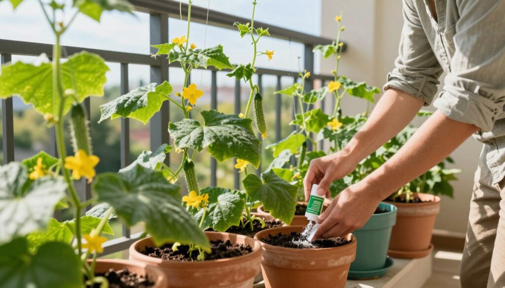 A vibrant balcony garden scene featuring lush green cucumber plants in various stages of growth, neatly arranged in colorful terracotta pots. In the foreground, a gardener, dressed in modest casual clothing, is gently applying organic fertilizer to the soil around the base of the plants. The middle ground showcases the cucumbers climbing on support trellises, with bright yellow flowers blooming among the foliage. The background consists of a sunny sky casting warm, natural light over the scene, enhancing the greenery and creating soft shadows. The atmosphere is lively and nurturing, highlighting the essential act of proper fertilization and care for balcony gardening. The angle captures the details of the plants and the gardener’s interaction with them, emphasizing a productive and joyful gardening experience. A vibrant balcony garden scene featuring lush green cucumber plants in various stages of growth, neatly arranged in colorful terracotta pots. In the foreground, a gardener, dressed in modest casual clothing, is gently applying organic fertilizer to the soil around the base of the plants. The middle ground showcases the cucumbers climbing on support trellises, with bright yellow flowers blooming among the foliage. The background consists of a sunny sky casting warm, natural light over the scene, enhancing the greenery and creating soft shadows. The atmosphere is lively and nurturing, highlighting the essential act of proper fertilization and care for balcony gardening. The angle captures the details of the plants and the gardener’s interaction with them, emphasizing a productive and joyful gardening experience.