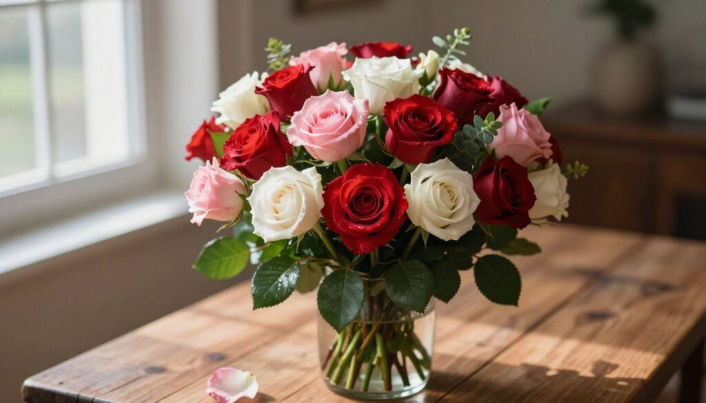 A vibrant bouquet of fresh roses in various shades of red, pink, and white, elegantly arranged in a simple yet chic vase. The bouquet features lush green foliage that enhances the colors of the roses, conveying a sense of celebration. In the foreground, delicate petals can be seen with droplets of water, suggesting freshness. The middle ground captures the vase sitting on a rustic wooden table, with soft, natural light filtering through a nearby window, casting gentle shadows. The background is subtly blurred, hinting at a warm and inviting interior space. The mood is romantic and elegant, perfect for showcasing the beauty and significance of selecting the right bouquet for various occasions.