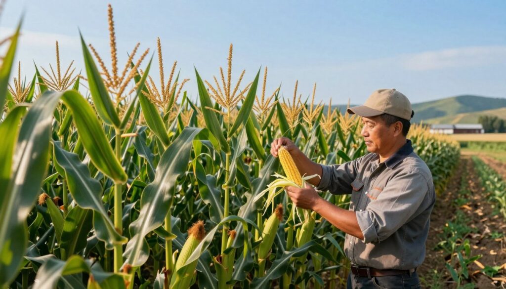A vibrant cornfield under a bright blue sky, showcasing mature corn plants with lush green leaves and golden tassels. In the foreground, a farmer wearing professional agricultural attire inspects the crops, holding an ear of corn with a focused expression. The middle ground features rows of strong, healthy corn stalks, perfectly aligned, symbolizing agricultural prosperity. In the background, gentle rolling hills and a distant barn add depth to the scene. Soft, warm sunlight bathes the landscape, creating an inviting and productive atmosphere. The composition captures the essence of corn cultivation, emphasizing its economic significance in agriculture and rural livelihood. The image should convey a sense of growth, abundance, and connection to the land. A vibrant cornfield under a bright blue sky, showcasing mature corn plants with lush green leaves and golden tassels. In the foreground, a farmer wearing professional agricultural attire inspects the crops, holding an ear of corn with a focused expression. The middle ground features rows of strong, healthy corn stalks, perfectly aligned, symbolizing agricultural prosperity. In the background, gentle rolling hills and a distant barn add depth to the scene. Soft, warm sunlight bathes the landscape, creating an inviting and productive atmosphere. The composition captures the essence of corn cultivation, emphasizing its economic significance in agriculture and rural livelihood. The image should convey a sense of growth, abundance, and connection to the land.