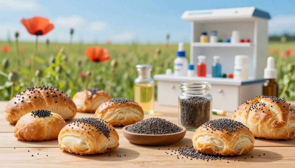 A vibrant, detailed composition showcasing the use of poppy seeds in the food and pharmaceutical industries. In the foreground, an assortment of culinary dishes featuring poppy seeds, such as pastries and bread, elegantly arranged on a wooden table, with some scattered seeds around for emphasis. The middle ground features a small pharmacy setting with glass jars filled with poppy seed extracts and capsules, suggesting their medicinal benefits. The background portrays lush, green poppy fields under a bright blue sky, hinting at the source of the ingredients. Soft, natural lighting enhances the freshness of the scene, with a slight focus blur on the background to draw attention to the foreground and middle ground elements. The mood is warm and inviting, reflecting the richness of nature and industry.