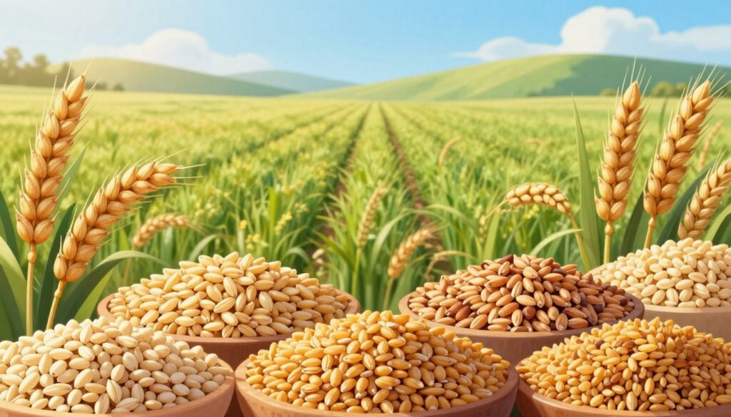 A vibrant, detailed illustration of various types of grains, including wheat, barley, and rye, displayed prominently in the foreground. Each grain type is clearly identifiable, highlighting unique characteristics such as texture, color, and shape. In the middle ground, show a lush green agricultural field with prominently planted rows of grains under a bright blue sky. The background features distant rolling hills, symbolizing farmland landscape, while soft sunlight casts warm, inviting light over the scene to enhance the colors of the grains. Capture a sense of abundance and growth, emphasizing the significance of these staple crops in a harmonious natural setting. Use a soft focus effect to create a serene atmosphere, with an emphasis on clarity and detail in the foreground grains. A vibrant, detailed illustration of various types of grains, including wheat, barley, and rye, displayed prominently in the foreground. Each grain type is clearly identifiable, highlighting unique characteristics such as texture, color, and shape. In the middle ground, show a lush green agricultural field with prominently planted rows of grains under a bright blue sky. The background features distant rolling hills, symbolizing farmland landscape, while soft sunlight casts warm, inviting light over the scene to enhance the colors of the grains. Capture a sense of abundance and growth, emphasizing the significance of these staple crops in a harmonious natural setting. Use a soft focus effect to create a serene atmosphere, with an emphasis on clarity and detail in the foreground grains.