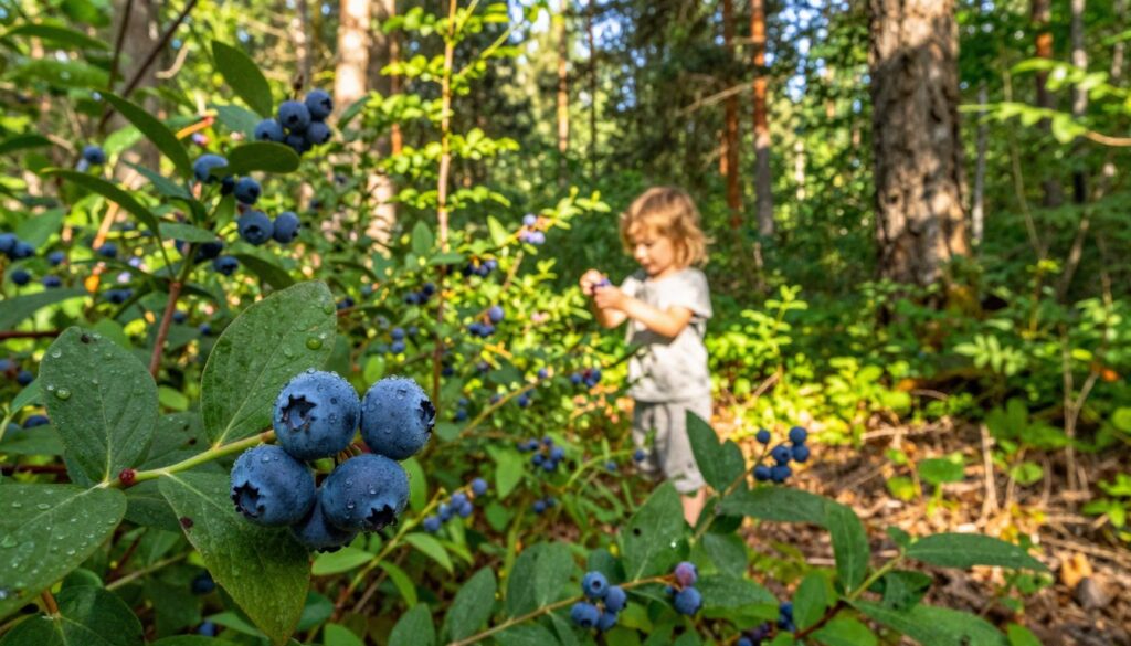 A vibrant forest scene showcasing an abundance of wild blueberries (jagody) growing among lush green foliage. In the foreground, plump, ripe blueberries glisten with morning dew, nestled among leaves. The middle ground features a young child wearing a light, modest outfit, eagerly picking blueberries, their excitement palpable. Surrounding them are tall trees with dappled sunlight streaming through the branches, casting gentle shadows on the forest floor. In the background, hints of deep green underbrush and the soft outlines of distant trees create a rich, layered atmosphere. The lighting is warm and inviting, suggesting a perfect summer day. The mood is cheerful and serene, embodying the joy of berry picking in nature. A vibrant forest scene showcasing an abundance of wild blueberries (jagody) growing among lush green foliage. In the foreground, plump, ripe blueberries glisten with morning dew, nestled among leaves. The middle ground features a young child wearing a light, modest outfit, eagerly picking blueberries, their excitement palpable. Surrounding them are tall trees with dappled sunlight streaming through the branches, casting gentle shadows on the forest floor. In the background, hints of deep green underbrush and the soft outlines of distant trees create a rich, layered atmosphere. The lighting is warm and inviting, suggesting a perfect summer day. The mood is cheerful and serene, embodying the joy of berry picking in nature.