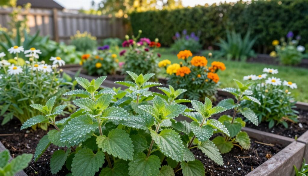 A vibrant garden scene depicting a carefully selected spot for growing lemon balm (melisa). In the foreground, lush, green lemon balm plants showcase their serrated leaves, glistening with morning dew under soft, natural sunlight. The middle of the image features a neatly organized garden bed surrounded by colorful flowers, including marigolds and daisies, enhancing the tranquil atmosphere. In the background, a gently blurred wooden fence and tall, green hedges create a peaceful backyard setting. The lighting is warm and inviting, suggesting a sunny afternoon. Use a wide-angle lens to capture the breadth of the garden, conveying a sense of harmony and balance in nature, ideal for growing herbs like melisa. A vibrant garden scene depicting a carefully selected spot for growing lemon balm (melisa). In the foreground, lush, green lemon balm plants showcase their serrated leaves, glistening with morning dew under soft, natural sunlight. The middle of the image features a neatly organized garden bed surrounded by colorful flowers, including marigolds and daisies, enhancing the tranquil atmosphere. In the background, a gently blurred wooden fence and tall, green hedges create a peaceful backyard setting. The lighting is warm and inviting, suggesting a sunny afternoon. Use a wide-angle lens to capture the breadth of the garden, conveying a sense of harmony and balance in nature, ideal for growing herbs like melisa.