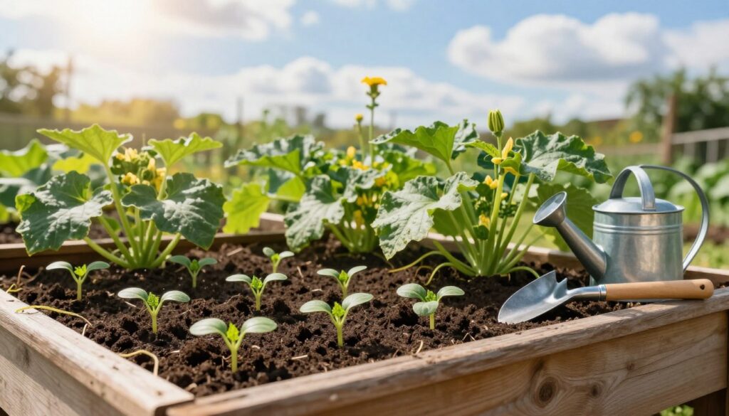 A vibrant garden scene focused on zucchini planting and cultivation. In the foreground, a wooden garden planter filled with freshly sown zucchini seeds and small, healthy seedlings, surrounded by rich, dark soil. In the middle ground, lush green zucchini plants are growing, showcasing large leaves and a few early buds. The background features a sunny, bright sky with soft, white clouds, casting warm light across the scene. Include garden tools, such as a trowel and watering can placed neatly beside the planter. The atmosphere is serene and inviting, conveying the joy of nurturing plants for a bountiful harvest. The angle should be slightly overhead to capture the arrangement and depth of the garden.