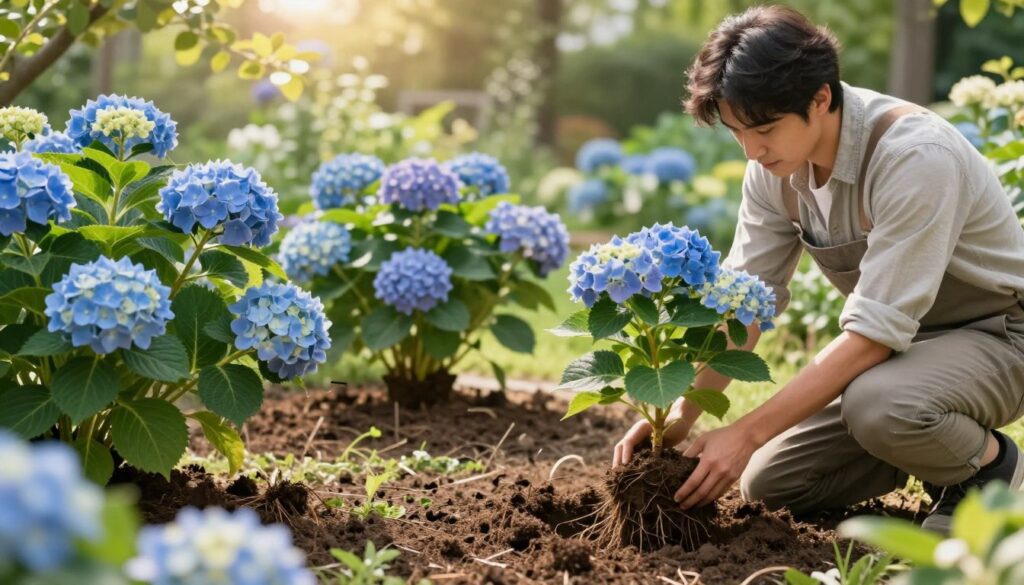A vibrant garden scene illustrating common mistakes in planting hydrangeas. In the foreground, showcase a gardener, dressed in modest casual clothing, kneeling beside a hydrangea plant improperly planted too deep in the soil, with the roots exposed. In the middle ground, depict other hydrangeas in various states of mistake, such as poor spacing and incorrect sunlight exposure, with clearly labeled indicators showing what went wrong. The background should feature a lush garden with sunlight filtering through the leaves, creating a warm and inviting atmosphere. Use soft focus and natural lighting to evoke a sense of calm, while highlighting the errors in a clear, educational way. A vibrant garden scene illustrating common mistakes in planting hydrangeas. In the foreground, showcase a gardener, dressed in modest casual clothing, kneeling beside a hydrangea plant improperly planted too deep in the soil, with the roots exposed. In the middle ground, depict other hydrangeas in various states of mistake, such as poor spacing and incorrect sunlight exposure, with clearly labeled indicators showing what went wrong. The background should feature a lush garden with sunlight filtering through the leaves, creating a warm and inviting atmosphere. Use soft focus and natural lighting to evoke a sense of calm, while highlighting the errors in a clear, educational way.