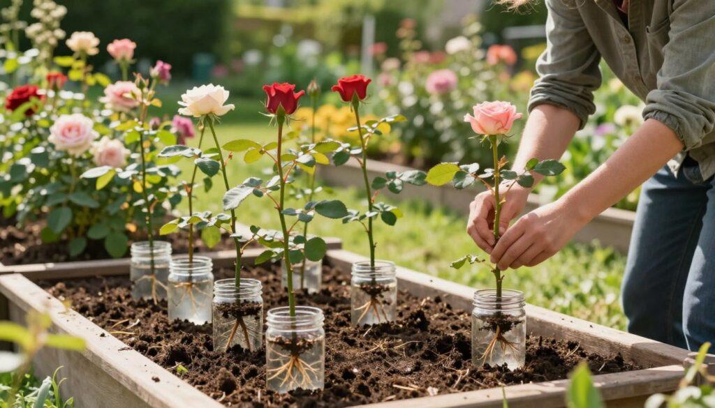 A vibrant garden scene showcasing alternative methods of plant propagation, specifically focusing on rose cuttings. In the foreground, a well-tended garden bed features multiple healthy rose stems placed in soil, some in clear water jars displaying roots developing. Nearby, a gardener in modest casual clothing is gently tending to a rose bush, illustrating the caring process involved in propagation. The middle ground features a soft-focus, lush green background with various flowering plants that harmonize with the roses, creating a sense of abundance. Warm, natural sunlight bathes the scene, casting gentle shadows and enhancing the colors. The atmosphere is tranquil and educational, inviting viewers to explore these gardening techniques with a sense of curiosity and inspiration. A vibrant garden scene showcasing alternative methods of plant propagation, specifically focusing on rose cuttings. In the foreground, a well-tended garden bed features multiple healthy rose stems placed in soil, some in clear water jars displaying roots developing. Nearby, a gardener in modest casual clothing is gently tending to a rose bush, illustrating the caring process involved in propagation. The middle ground features a soft-focus, lush green background with various flowering plants that harmonize with the roses, creating a sense of abundance. Warm, natural sunlight bathes the scene, casting gentle shadows and enhancing the colors. The atmosphere is tranquil and educational, inviting viewers to explore these gardening techniques with a sense of curiosity and inspiration.