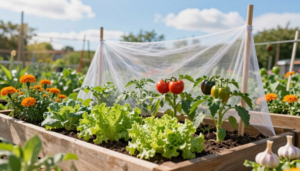A vibrant garden scene showcasing protective measures for vegetables against pests. In the foreground, diverse vegetable plants such as tomatoes, peppers, and lettuce are neatly arranged in wooden planting boxes. Surrounding them, colorful organic pest deterrents, like marigolds and garlic, provide a natural barrier. In the middle ground, a small insect netting drapes gently over the plants, glimmering in soft sunlight. The background features a sunny blue sky dotted with a few fluffy clouds, enhancing the tranquil atmosphere. The image should convey a sense of fertility and care, with bright, vivid colors and a warm, inviting glow. The perspective should be slightly angled to capture the depth of the garden, emphasizing the harmonious relationship between the plants and their protective measures. A vibrant garden scene showcasing protective measures for vegetables against pests. In the foreground, diverse vegetable plants such as tomatoes, peppers, and lettuce are neatly arranged in wooden planting boxes. Surrounding them, colorful organic pest deterrents, like marigolds and garlic, provide a natural barrier. In the middle ground, a small insect netting drapes gently over the plants, glimmering in soft sunlight. The background features a sunny blue sky dotted with a few fluffy clouds, enhancing the tranquil atmosphere. The image should convey a sense of fertility and care, with bright, vivid colors and a warm, inviting glow. The perspective should be slightly angled to capture the depth of the garden, emphasizing the harmonious relationship between the plants and their protective measures.