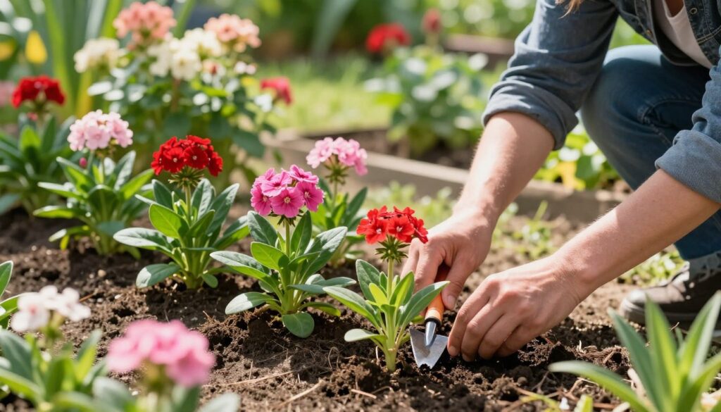 A vibrant garden scene showcasing the care of "Dianthus barbatus" (sweet William) plants. In the foreground, a gardener with modest casual clothing gently tends to young seedlings, using a small handheld tool to loosen the soil. In the middle, healthy young sweet William plants with rich green leaves and budding flowers in shades of red and pink stand in tidy rows. The background features a sunny garden filled with mature flowering plants, casting soft shadows on the ground. Bright sunlight filters through leaves, creating a warm, inviting atmosphere. The composition highlights the nurturing aspect of gardening, with a shallow depth of field to emphasize the focus on the gardener and the young plants. A vibrant garden scene showcasing the care of "Dianthus barbatus" (sweet William) plants. In the foreground, a gardener with modest casual clothing gently tends to young seedlings, using a small handheld tool to loosen the soil. In the middle, healthy young sweet William plants with rich green leaves and budding flowers in shades of red and pink stand in tidy rows. The background features a sunny garden filled with mature flowering plants, casting soft shadows on the ground. Bright sunlight filters through leaves, creating a warm, inviting atmosphere. The composition highlights the nurturing aspect of gardening, with a shallow depth of field to emphasize the focus on the gardener and the young plants.