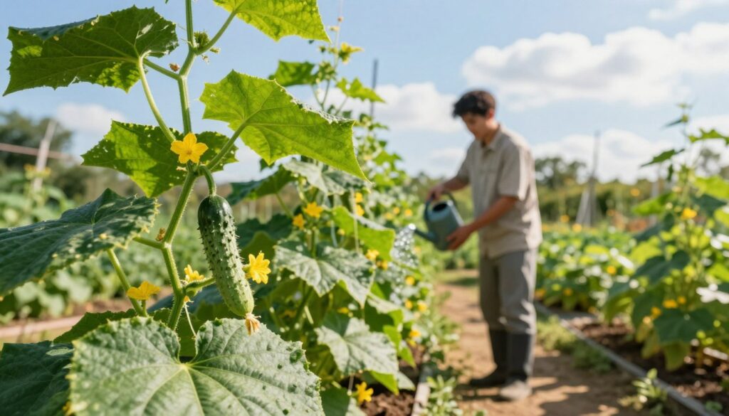 A vibrant garden scene showcasing the nurturing of cucumber plants during their growth phase. In the foreground, lush green cucumber vines climb trellises, with bright, healthy leaves and small yellow flowers. In the middle ground, a gardener in modest casual clothing is gently watering the plants using a watering can, demonstrating care and attention to detail. The background features a sunny garden with a clear blue sky and a few fluffy clouds, enhancing the warm atmosphere. Soft sunlight filters through the leaves, casting dappled shadows on the ground, creating a tranquil and encouraging environment for plant growth. The overall mood is serene, focusing on the beauty of gardening and the careful cultivation of cucumbers. A vibrant garden scene showcasing the nurturing of cucumber plants during their growth phase. In the foreground, lush green cucumber vines climb trellises, with bright, healthy leaves and small yellow flowers. In the middle ground, a gardener in modest casual clothing is gently watering the plants using a watering can, demonstrating care and attention to detail. The background features a sunny garden with a clear blue sky and a few fluffy clouds, enhancing the warm atmosphere. Soft sunlight filters through the leaves, casting dappled shadows on the ground, creating a tranquil and encouraging environment for plant growth. The overall mood is serene, focusing on the beauty of gardening and the careful cultivation of cucumbers.