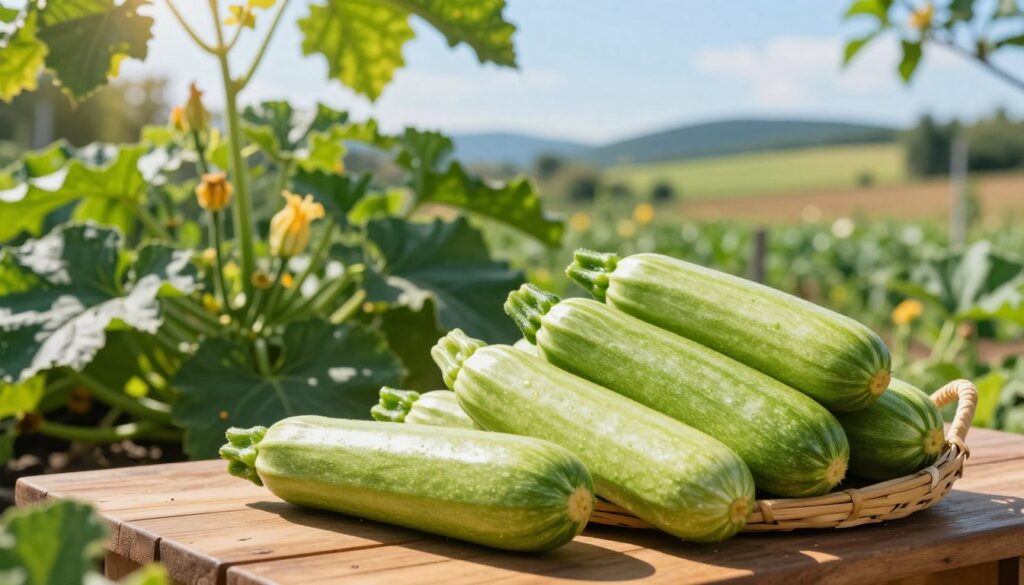 A vibrant garden scene showcasing young, freshly harvested zucchinis, emphasizing their glossy green skin and smooth texture. In the foreground, a basket overflowing with plump zucchinis sits on a wooden table, sunlight filtering through the leaves above and casting gentle shadows. The middle ground features lush, healthy zucchini plants with broad leaves, some with early blooms, indicating their peak growing season. In the background, a serene countryside landscape unfolds, with soft rolling hills and a clear blue sky. The atmosphere is warm and inviting, evoking the joy of summer harvest time. The image captures the essence of when to pick zucchinis for the best flavor, highlighting their freshness and vitality. The lighting is soft and natural, resembling late afternoon sunlight, enhancing the colors and textures of the scene.