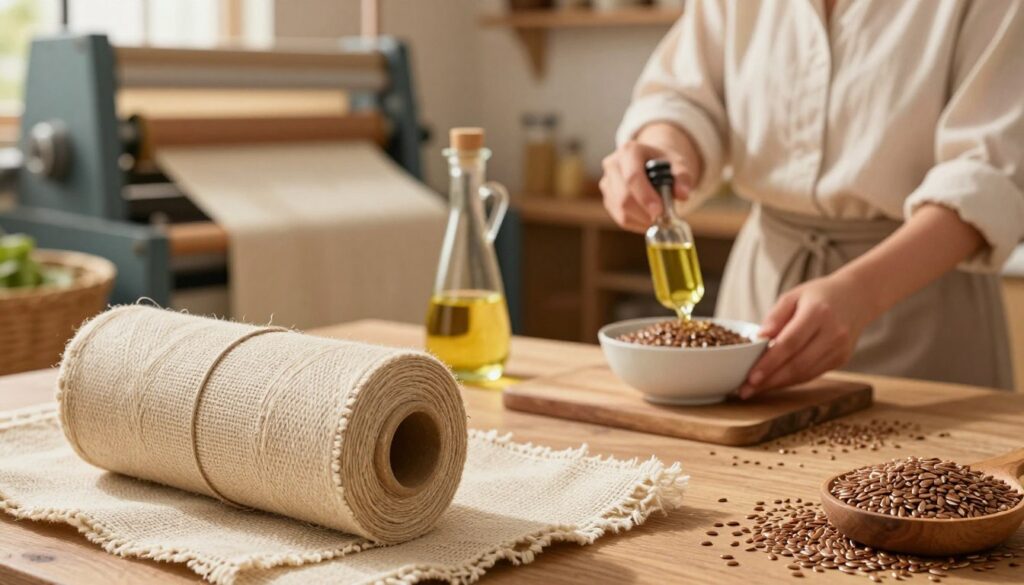 A vibrant illustration showcasing the diverse applications of flax (len) in both industry and household settings. In the foreground, display a roll of flax fabric, intricately woven, with some flax seeds scattered nearby. In the middle ground, depict a rustic kitchen scene where a person in modest casual clothing is using flaxseed oil while preparing a meal. In the background, feature a linen factory with machines processing raw flax, emphasizing industrial use. The lighting is warm and inviting, casting a gentle glow on the flax products, creating a homely atmosphere. Use a shallow depth of field to focus on the foreground details, evoking a sense of creativity and sustainability in using flax. A vibrant illustration showcasing the diverse applications of flax (len) in both industry and household settings. In the foreground, display a roll of flax fabric, intricately woven, with some flax seeds scattered nearby. In the middle ground, depict a rustic kitchen scene where a person in modest casual clothing is using flaxseed oil while preparing a meal. In the background, feature a linen factory with machines processing raw flax, emphasizing industrial use. The lighting is warm and inviting, casting a gentle glow on the flax products, creating a homely atmosphere. Use a shallow depth of field to focus on the foreground details, evoking a sense of creativity and sustainability in using flax.