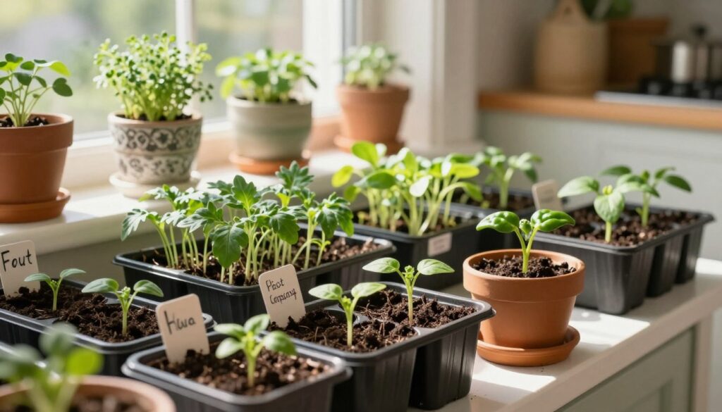 A vibrant indoor garden scene featuring various young vegetable seedlings thriving in seedling trays on a sunny windowsill. In the foreground, focus on diverse pots with rich, dark soil, showcasing budding seedings like tomatoes and peppers, each labeled with small, stylish tags. The middle ground displays an array of trays, filled with bright green sprouts, all basking in soft, warm sunlight filtering through the window. In the background, a cozy kitchen with herbs growing in decorative pots enhances the homey atmosphere. The image captures the essence of February gardening, evoking a sense of hope and growth in a well-lit, nurturing environment. Utilize natural lighting for a warm glow, and employ a slightly blurred depth of field to emphasize the seedlings in sharp focus. A vibrant indoor garden scene featuring various young vegetable seedlings thriving in seedling trays on a sunny windowsill. In the foreground, focus on diverse pots with rich, dark soil, showcasing budding seedings like tomatoes and peppers, each labeled with small, stylish tags. The middle ground displays an array of trays, filled with bright green sprouts, all basking in soft, warm sunlight filtering through the window. In the background, a cozy kitchen with herbs growing in decorative pots enhances the homey atmosphere. The image captures the essence of February gardening, evoking a sense of hope and growth in a well-lit, nurturing environment. Utilize natural lighting for a warm glow, and employ a slightly blurred depth of field to emphasize the seedlings in sharp focus.