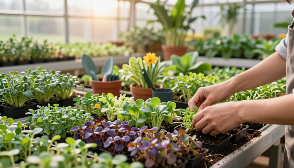 A vibrant indoor greenhouse filled with various high-value niche crops such as edible flowers, gourmet herbs, and rare vegetables. In the foreground, showcase a well-maintained arrangement of colorful microgreens and potted herbs, with a focus on a hand gently tending to the plants. In the middle ground, an assortment of unique plants and small garden tools are artistically displayed. The background features sunlight streaming through large windows, casting warm, inviting light across the scene. Use a shallow depth of field to create a soft blur effect on the background while keeping the foreground sharp and in focus. The overall atmosphere is one of productivity and care, emphasizing the potential of small-scale plant cultivation in a thriving market. A vibrant indoor greenhouse filled with various high-value niche crops such as edible flowers, gourmet herbs, and rare vegetables. In the foreground, showcase a well-maintained arrangement of colorful microgreens and potted herbs, with a focus on a hand gently tending to the plants. In the middle ground, an assortment of unique plants and small garden tools are artistically displayed. The background features sunlight streaming through large windows, casting warm, inviting light across the scene. Use a shallow depth of field to create a soft blur effect on the background while keeping the foreground sharp and in focus. The overall atmosphere is one of productivity and care, emphasizing the potential of small-scale plant cultivation in a thriving market.