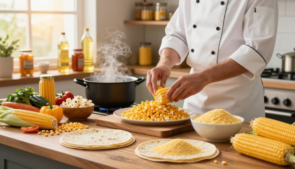A vibrant kitchen scene showcasing various applications of corn in cooking and industry. In the foreground, a wooden table laden with ingredients like corn kernels, cornmeal, tortillas, and a colorful assortment of fresh vegetables. In the middle, a chef in a professional apron is skillfully preparing a corn-based dish, with a pot simmering on the stove and a bowl of popcorn nearby. In the background, shelves filled with jars of corn syrup, corn oil, and canned corn products, illustrating the industrial uses of corn. The lighting is warm and inviting, mimicking soft afternoon sunlight streaming through a window, creating a comforting atmosphere that highlights the versatility of corn. Shot with a focus on detail, capturing textures and colors. A vibrant kitchen scene showcasing various applications of corn in cooking and industry. In the foreground, a wooden table laden with ingredients like corn kernels, cornmeal, tortillas, and a colorful assortment of fresh vegetables. In the middle, a chef in a professional apron is skillfully preparing a corn-based dish, with a pot simmering on the stove and a bowl of popcorn nearby. In the background, shelves filled with jars of corn syrup, corn oil, and canned corn products, illustrating the industrial uses of corn. The lighting is warm and inviting, mimicking soft afternoon sunlight streaming through a window, creating a comforting atmosphere that highlights the versatility of corn. Shot with a focus on detail, capturing textures and colors.