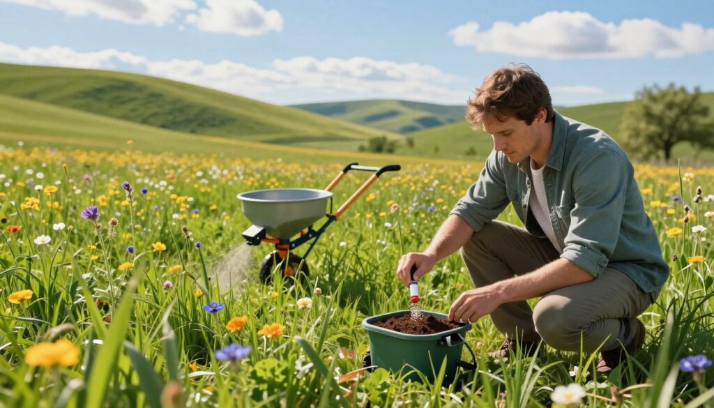 A vibrant, lush meadow in springtime, showcasing a variety of grasses and wildflowers, representing the beauty of well-nourished land. In the foreground, a professional wearing casual gardening attire carefully monitors a soil testing kit, symbolizing the practice of applying nitrogen and nutrients. Sunshine bathes the scene in warm, golden light, highlighting the vivid greens of the grass and the colorful blossoms. In the middle ground, a small spreader is artistically positioned, with a gentle hand applying granular fertilizer to the earth. Rolling hills extend into the background, under a clear blue sky with a few fluffy clouds, conveying a serene, productive atmosphere. Soft shadows create depth while emphasizing the importance of proper nutrient dosing for healthy grass growth. A vibrant, lush meadow in springtime, showcasing a variety of grasses and wildflowers, representing the beauty of well-nourished land. In the foreground, a professional wearing casual gardening attire carefully monitors a soil testing kit, symbolizing the practice of applying nitrogen and nutrients. Sunshine bathes the scene in warm, golden light, highlighting the vivid greens of the grass and the colorful blossoms. In the middle ground, a small spreader is artistically positioned, with a gentle hand applying granular fertilizer to the earth. Rolling hills extend into the background, under a clear blue sky with a few fluffy clouds, conveying a serene, productive atmosphere. Soft shadows create depth while emphasizing the importance of proper nutrient dosing for healthy grass growth.