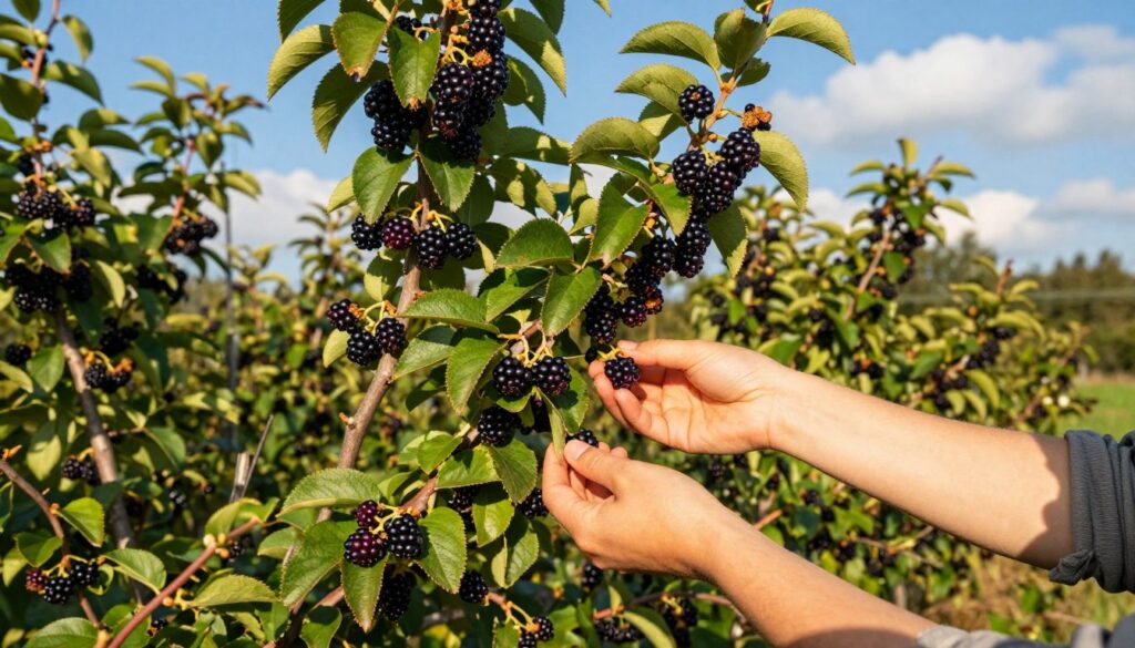 A vibrant scene of black chokeberries (aronia) during harvest season, showcasing ripe, dark purple berries clustered on lush green branches. In the foreground, a person in modest casual clothing is carefully picking berries, with their hands gently cradling the fruit to avoid bruising. The middle ground features a sunlit orchard filled with aronia bushes, their leaves glistening in the warm sunlight. In the background, a clear blue sky and soft, fluffy clouds create a serene backdrop. The atmosphere is calm and peaceful, evoking the joy of harvest time. The lighting is warm and natural, emphasizing the rich colors of the berries and foliage, captured from a slightly elevated angle to provide depth and context to the scene.