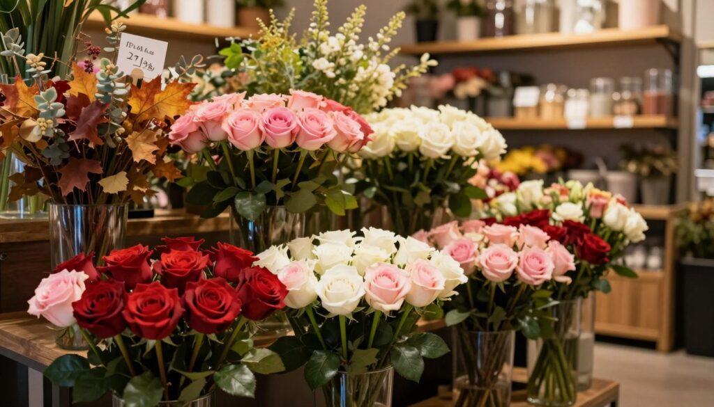 A vibrant seasonal display of roses in a quaint flower shop, capturing the essence of varying prices throughout the year. In the foreground, an assortment of fresh roses in various stages of bloom, showcasing rich hues of red, pink, and white, placed artfully in elegant glass vases. The middle ground features neatly arranged bouquets with subtle seasonal elements like autumn leaves or spring greenery, emphasizing the shifting market prices. The background reveals the warm ambiance of the shop, with soft golden lighting and earthy wooden shelves stocked with floral supplies. A gentle, inviting atmosphere reflects the charm of the flower industry, illustrating the impact of seasonality on flower costs. Shot with a shallow depth of field to focus on the roses while softly blurring the background, evoking a sense of warmth and appreciation for nature’s beauty. A vibrant seasonal display of roses in a quaint flower shop, capturing the essence of varying prices throughout the year. In the foreground, an assortment of fresh roses in various stages of bloom, showcasing rich hues of red, pink, and white, placed artfully in elegant glass vases. The middle ground features neatly arranged bouquets with subtle seasonal elements like autumn leaves or spring greenery, emphasizing the shifting market prices. The background reveals the warm ambiance of the shop, with soft golden lighting and earthy wooden shelves stocked with floral supplies. A gentle, inviting atmosphere reflects the charm of the flower industry, illustrating the impact of seasonality on flower costs. Shot with a shallow depth of field to focus on the roses while softly blurring the background, evoking a sense of warmth and appreciation for nature’s beauty.