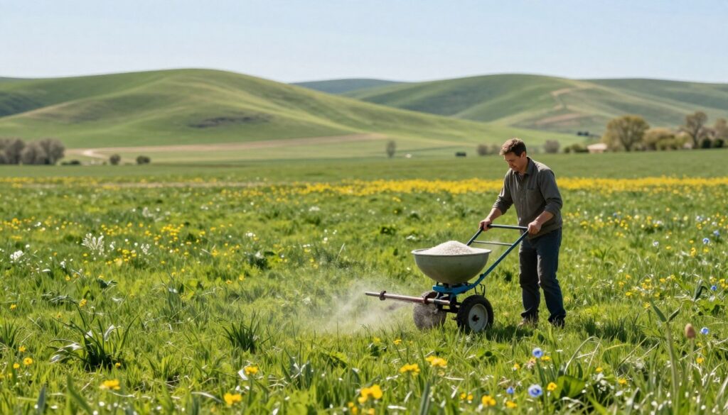 A vibrant spring meadow with fresh green grass, showcasing the process of fertilizing pastures. In the foreground, a farmer dressed in modest casual clothing is applying organic fertilizer using a spreader. In the middle ground, patches of rich, lush grass emerge, reflecting the benefits of spring fertilization, while blooming wildflowers add pops of color. The background features gently rolling hills under a bright blue sky, with soft sunlight creating a warm and inviting atmosphere. The scene is captured with a wide-angle lens to emphasize the expanse of the meadow, with a depth of field that softly blurs the background, drawing attention to the action in the foreground. A vibrant spring meadow with fresh green grass, showcasing the process of fertilizing pastures. In the foreground, a farmer dressed in modest casual clothing is applying organic fertilizer using a spreader. In the middle ground, patches of rich, lush grass emerge, reflecting the benefits of spring fertilization, while blooming wildflowers add pops of color. The background features gently rolling hills under a bright blue sky, with soft sunlight creating a warm and inviting atmosphere. The scene is captured with a wide-angle lens to emphasize the expanse of the meadow, with a depth of field that softly blurs the background, drawing attention to the action in the foreground.