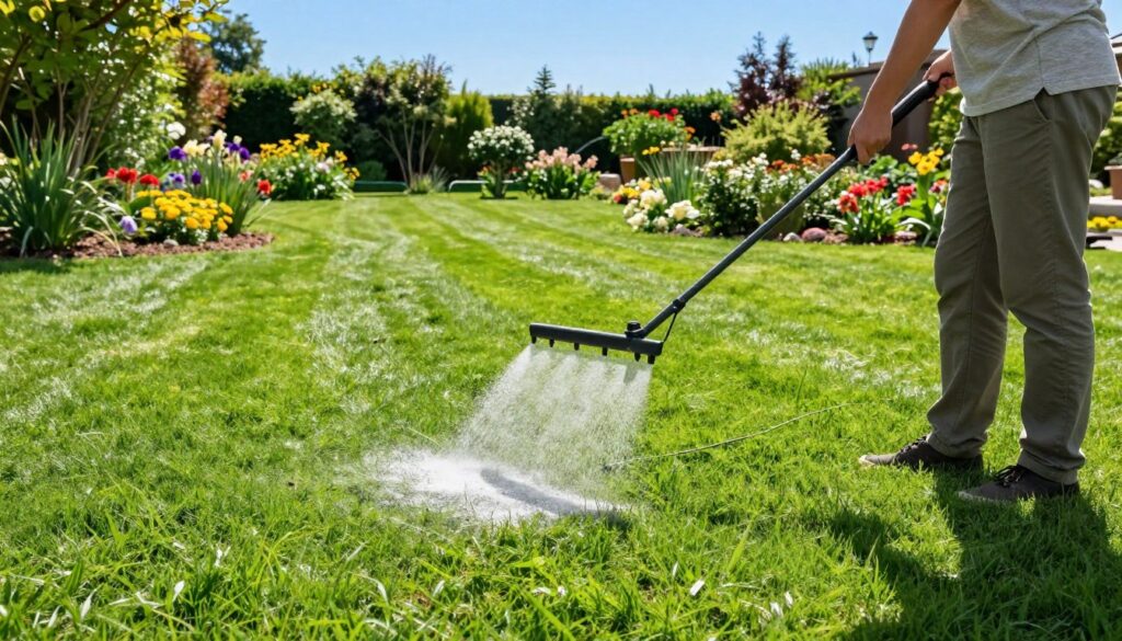 A vibrant summer lawn care scene, showcasing a lush green lawn in immaculate condition. In the foreground, a person in modest casual clothing is diligently spreading fertilizer on the grass with a hand-held spreader, ensuring even coverage. The middle ground features patches of thriving grass, demonstrating the rich color and healthy density of a well-maintained lawn. In the background, a scenic garden with blooming flowers and a clear blue sky enhances the uplifting atmosphere. Soft sunlight casts gentle shadows, highlighting the textures of the grass and soil. The overall mood is one of tranquility and fulfillment, embodying the joy of summer lawn maintenance and the beauty of a thriving landscape. A vibrant summer lawn care scene, showcasing a lush green lawn in immaculate condition. In the foreground, a person in modest casual clothing is diligently spreading fertilizer on the grass with a hand-held spreader, ensuring even coverage. The middle ground features patches of thriving grass, demonstrating the rich color and healthy density of a well-maintained lawn. In the background, a scenic garden with blooming flowers and a clear blue sky enhances the uplifting atmosphere. Soft sunlight casts gentle shadows, highlighting the textures of the grass and soil. The overall mood is one of tranquility and fulfillment, embodying the joy of summer lawn maintenance and the beauty of a thriving landscape.