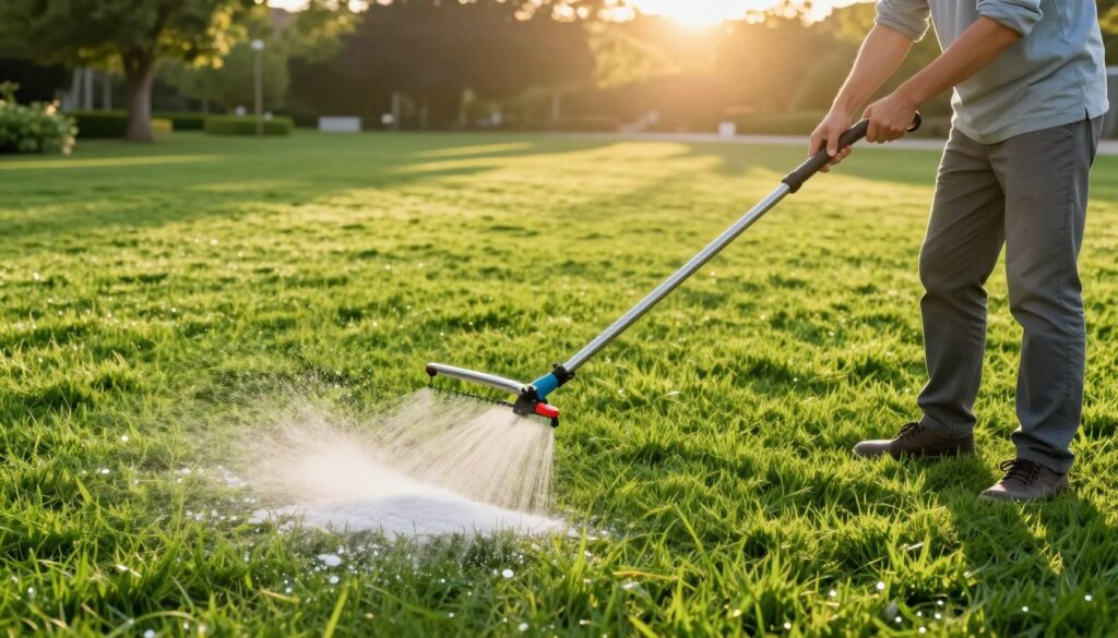 A vibrant, well-manicured lawn showcases various techniques for applying fertilizer containing iron sulfate. In the foreground, a professional gardener wearing a neat casual outfit is seen applying the fertilizer using a handheld spreader, demonstrating precision in distribution. The middle ground features patches of rich green grass, with the granules distinctly visible on the lawn, highlighting the fertilizer application. In the background, the setting sun casts a warm golden light, enhancing the lushness of the lawn and creating long shadows that add depth. The atmosphere is tranquil yet productive, capturing the meticulous care involved in maintaining a healthy, thriving lawn. The scene conveys a sense of expertise and dedication to lawn care.
