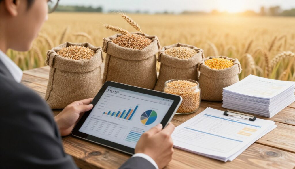 A visual representation of grain products with a clear focus on various types of grains, like wheat, barley, and corn, arranged artistically on a rustic wooden table. In the foreground, showcase a business professional in a suit examining a digital tablet, displaying graphs or charts about VAT rates. In the middle, include burlap sacks overflowing with grains, symbolizing agricultural produce, while stacks of invoices and accounting documents subtly emphasize the financial aspect of grain sales. The background features a soft-focus image of a sunlit field of crops, conveying an agricultural atmosphere. Use warm, natural lighting to create a welcoming yet professional ambiance, capturing the seriousness of the topic at hand. The angle should be slightly elevated to encompass both the professional and the agricultural elements harmoniously. A visual representation of grain products with a clear focus on various types of grains, like wheat, barley, and corn, arranged artistically on a rustic wooden table. In the foreground, showcase a business professional in a suit examining a digital tablet, displaying graphs or charts about VAT rates. In the middle, include burlap sacks overflowing with grains, symbolizing agricultural produce, while stacks of invoices and accounting documents subtly emphasize the financial aspect of grain sales. The background features a soft-focus image of a sunlit field of crops, conveying an agricultural atmosphere. Use warm, natural lighting to create a welcoming yet professional ambiance, capturing the seriousness of the topic at hand. The angle should be slightly elevated to encompass both the professional and the agricultural elements harmoniously.