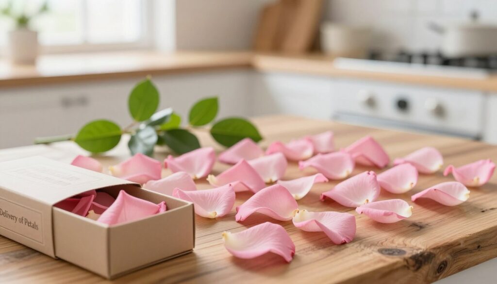 A visually appealing flat lay of delicate pink rose petals arranged neatly on a rustic wooden surface, symbolizing the beauty and charm of flower decorations. In the foreground, a small, elegant box labeled "Delivery of Petals" is partially open, revealing more meticulously arranged petals inside. In the middle ground, a few sprigs of green leaves contrast with the soft pink hues, adding freshness to the scene. The background features a gentle bokeh effect, softly blurring a cozy kitchen setup with natural light streaming through a nearby window, enhancing the warm atmosphere. The overall mood is calm and inviting, perfect for showcasing the theme of floral delivery and order fulfillment. The lighting is soft and diffused, enhancing the colors and adding depth to the composition. A visually appealing flat lay of delicate pink rose petals arranged neatly on a rustic wooden surface, symbolizing the beauty and charm of flower decorations. In the foreground, a small, elegant box labeled "Delivery of Petals" is partially open, revealing more meticulously arranged petals inside. In the middle ground, a few sprigs of green leaves contrast with the soft pink hues, adding freshness to the scene. The background features a gentle bokeh effect, softly blurring a cozy kitchen setup with natural light streaming through a nearby window, enhancing the warm atmosphere. The overall mood is calm and inviting, perfect for showcasing the theme of floral delivery and order fulfillment. The lighting is soft and diffused, enhancing the colors and adding depth to the composition.