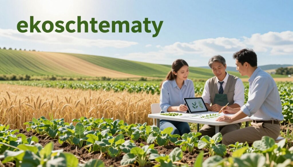A visually engaging depiction of agricultural "ekoschematy," showcasing diverse eco-schemes that enhance crop profitability. In the foreground, illustrate a well-maintained field with a variety of crops such as wheat, barley, and legumes, demonstrating healthy growth. In the middle ground, display farmers in professional attire discussing strategies around a table with a digital tablet and plant samples, reflecting collaboration and innovation in sustainable farming. The background should include rolling hills with fertile crops and a bright blue sky, symbolizing a thriving ecosystem. Utilize soft, natural lighting and a slight lens flare to create a welcoming atmosphere, suggesting growth and potential. The overall mood should convey optimism and sustainability in modern agriculture. A visually engaging depiction of agricultural "ekoschematy," showcasing diverse eco-schemes that enhance crop profitability. In the foreground, illustrate a well-maintained field with a variety of crops such as wheat, barley, and legumes, demonstrating healthy growth. In the middle ground, display farmers in professional attire discussing strategies around a table with a digital tablet and plant samples, reflecting collaboration and innovation in sustainable farming. The background should include rolling hills with fertile crops and a bright blue sky, symbolizing a thriving ecosystem. Utilize soft, natural lighting and a slight lens flare to create a welcoming atmosphere, suggesting growth and potential. The overall mood should convey optimism and sustainability in modern agriculture.