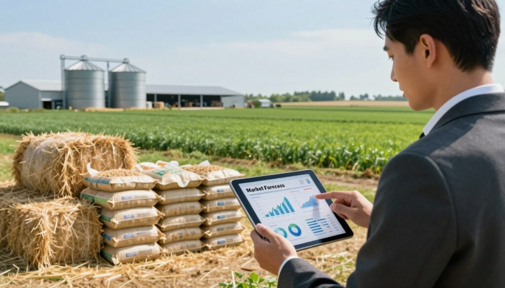 A visually engaging image depicting market forecasts in the feed sector. In the foreground, a professional analyst, dressed in business attire, studies data on a digital tablet, showing graphs and statistics. In the middle, stacks of hay bales and bags of animal feed are arranged neatly, symbolizing the agricultural aspect of the market. In the background, a lush green landscape featuring a modern farm with silos under a clear blue sky conveys a sense of growth and vitality. Soft, natural lighting bathes the scene, creating an inviting and optimistic atmosphere. Use a wide-angle lens to capture the details and depth of the setting, enhancing the professionalism and relevance of the topic at hand. A visually engaging image depicting market forecasts in the feed sector. In the foreground, a professional analyst, dressed in business attire, studies data on a digital tablet, showing graphs and statistics. In the middle, stacks of hay bales and bags of animal feed are arranged neatly, symbolizing the agricultural aspect of the market. In the background, a lush green landscape featuring a modern farm with silos under a clear blue sky conveys a sense of growth and vitality. Soft, natural lighting bathes the scene, creating an inviting and optimistic atmosphere. Use a wide-angle lens to capture the details and depth of the setting, enhancing the professionalism and relevance of the topic at hand.