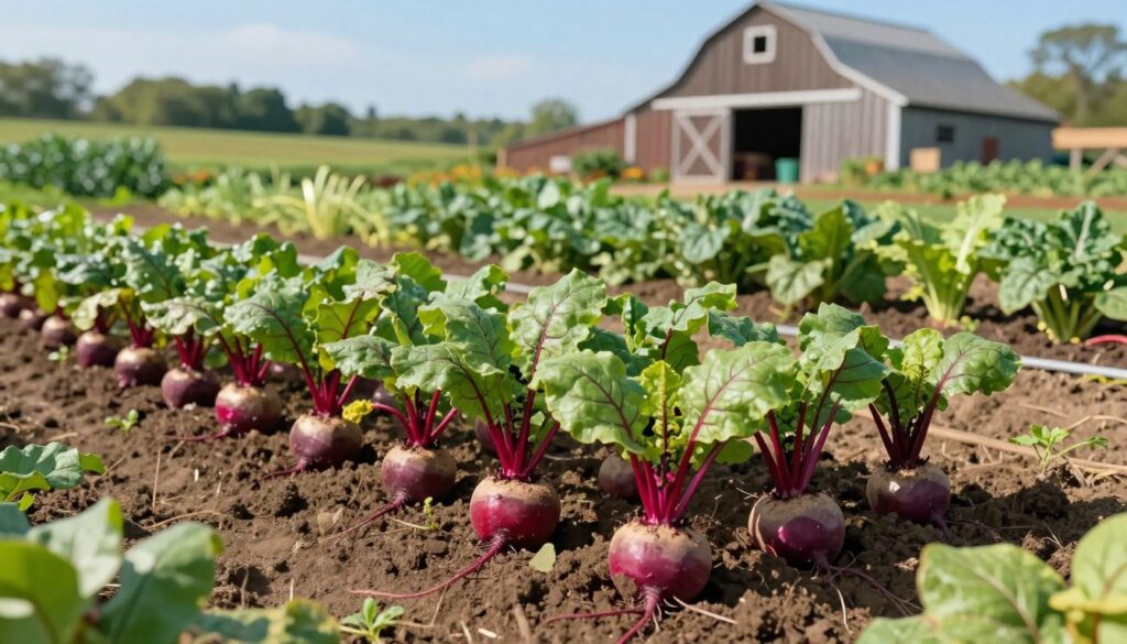 An educational illustration showcasing the principles of crop rotation for beetroot cultivation. In the foreground, depict vibrant rows of healthy beetroot plants thriving in a well-maintained garden setting. In the middle ground, include various crops such as legumes and leafy greens illustrating effective crop rotation which supports soil health. The background should show a rustic barn and a clear blue sky, conveying a sense of a productive farm environment. Natural lighting emphasizes the greenery and the rich soil, creating a lively atmosphere. The image should be captured with a slight angle to give depth, ensuring a focus on the thriving beetroots, illustrating the topic of successful cultivation and avoiding errors in crop management. An educational illustration showcasing the principles of crop rotation for beetroot cultivation. In the foreground, depict vibrant rows of healthy beetroot plants thriving in a well-maintained garden setting. In the middle ground, include various crops such as legumes and leafy greens illustrating effective crop rotation which supports soil health. The background should show a rustic barn and a clear blue sky, conveying a sense of a productive farm environment. Natural lighting emphasizes the greenery and the rich soil, creating a lively atmosphere. The image should be captured with a slight angle to give depth, ensuring a focus on the thriving beetroots, illustrating the topic of successful cultivation and avoiding errors in crop management.
