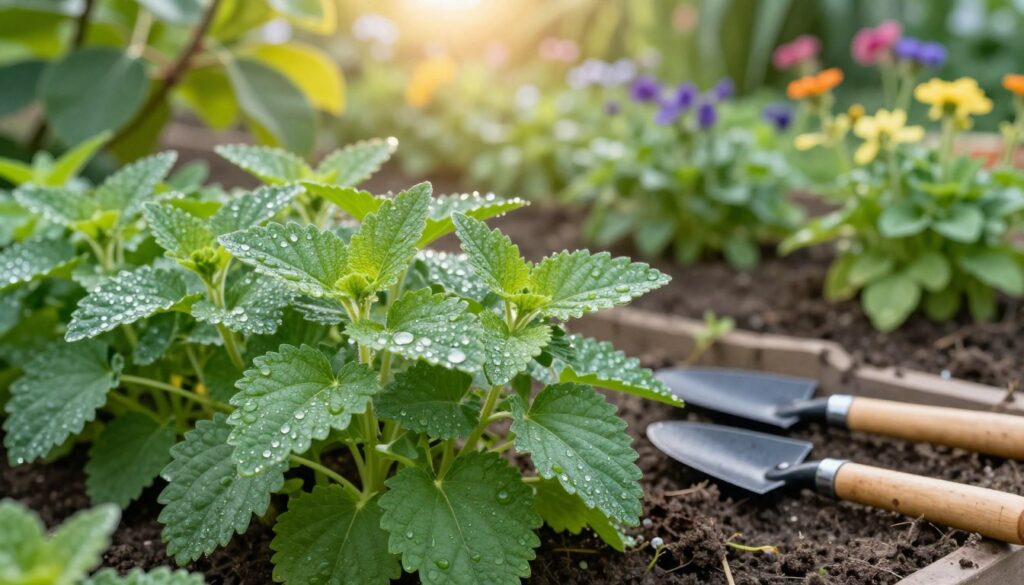 Lush and healthy lemon balm plants (Melissa officinalis) thriving in a well-maintained garden setting during the growing season. In the foreground, vibrant green leaves glistening with morning dew, showcasing their serrated edges and rich texture. The middle ground features a variety of gardening tools, such as a trowel and pruning shears, elegantly arranged on soil. In the background, the gentle sunlight filters through leafy branches, casting a warm, inviting glow over the scene. A soft blur of colorful flowering plants enhances the tranquility of the garden. The mood is serene, emphasizing nurturing care and attentive gardening practices, ideal for showcasing the art of plant maintenance. Captured from a slightly elevated angle, giving a comprehensive view of the flourishing garden space. Lush and healthy lemon balm plants (Melissa officinalis) thriving in a well-maintained garden setting during the growing season. In the foreground, vibrant green leaves glistening with morning dew, showcasing their serrated edges and rich texture. The middle ground features a variety of gardening tools, such as a trowel and pruning shears, elegantly arranged on soil. In the background, the gentle sunlight filters through leafy branches, casting a warm, inviting glow over the scene. A soft blur of colorful flowering plants enhances the tranquility of the garden. The mood is serene, emphasizing nurturing care and attentive gardening practices, ideal for showcasing the art of plant maintenance. Captured from a slightly elevated angle, giving a comprehensive view of the flourishing garden space.