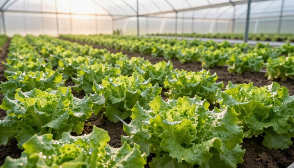 Lush green lettuce growing abundantly in a well-maintained plastic tunnel greenhouse. The foreground features vibrant, healthy heads of lettuce, their leaves crisp and dewy, reflecting the soft afternoon sunlight. In the middle, the rows of lettuce are neatly organized, showcasing the soil and irrigation system carefully designed for optimal growth. The background reveals a gentle blur of the greenhouse structure, with sunlight filtering through the translucent plastic covering, creating a warm, inviting atmosphere. The scene is captured from a slightly elevated angle, emphasizing the lushness and health of the salad crops. The mood is serene and productive, evoking a sense of early spring growth and agricultural vitality. Lush green lettuce growing abundantly in a well-maintained plastic tunnel greenhouse. The foreground features vibrant, healthy heads of lettuce, their leaves crisp and dewy, reflecting the soft afternoon sunlight. In the middle, the rows of lettuce are neatly organized, showcasing the soil and irrigation system carefully designed for optimal growth. The background reveals a gentle blur of the greenhouse structure, with sunlight filtering through the translucent plastic covering, creating a warm, inviting atmosphere. The scene is captured from a slightly elevated angle, emphasizing the lushness and health of the salad crops. The mood is serene and productive, evoking a sense of early spring growth and agricultural vitality.