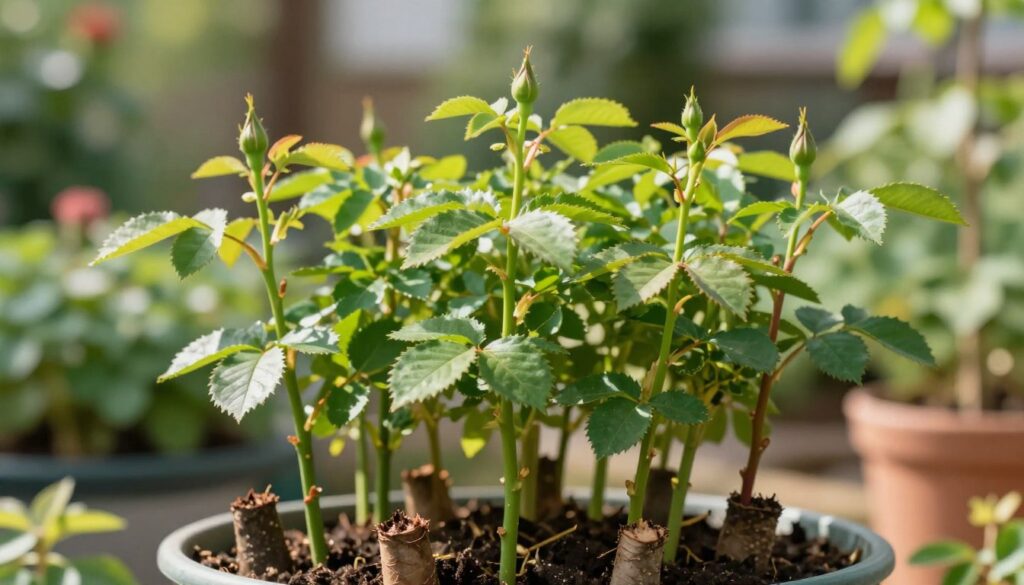 Lush green shoots of a mother plant, featuring healthy, vibrant stems with budding leaves, ideal for propagating roses. Foreground displays several freshly cut cuttings, showcasing their texture and color variations. In the middle ground, the plant with bright, rich foliage thrives under soft, diffused sunlight, casting gentle shadows that emphasize its vitality. The background reveals a serene garden setting, with blurred botanical elements creating depth. Use a shallow depth of field to keep the focus on the cuttings while adding a bokeh effect. The overall atmosphere should evoke a sense of growth and potential, with a warm, inviting light that highlights the beauty of the plant's life cycle. Lush green shoots of a mother plant, featuring healthy, vibrant stems with budding leaves, ideal for propagating roses. Foreground displays several freshly cut cuttings, showcasing their texture and color variations. In the middle ground, the plant with bright, rich foliage thrives under soft, diffused sunlight, casting gentle shadows that emphasize its vitality. The background reveals a serene garden setting, with blurred botanical elements creating depth. Use a shallow depth of field to keep the focus on the cuttings while adding a bokeh effect. The overall atmosphere should evoke a sense of growth and potential, with a warm, inviting light that highlights the beauty of the plant's life cycle.