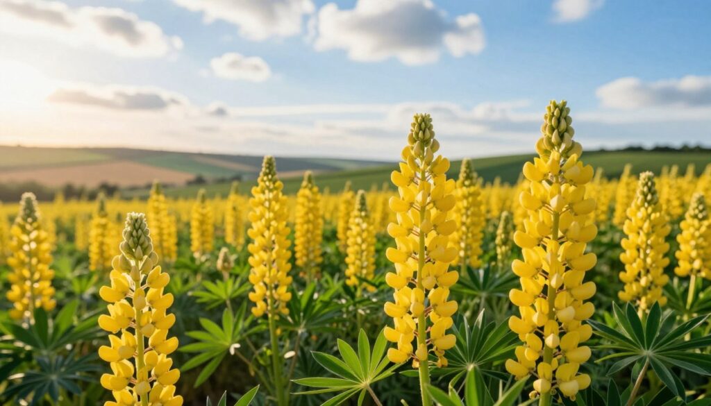 Vibrant field of golden yellow "siewu łubinu" flowers in full bloom, close-up view showcasing the delicate petals and rich green foliage, creating a lush foreground. In the middle ground, a serene landscape of rolling hills under a bright blue sky with soft white clouds, illustrating the ideal conditions for growing lupin. The background features a sunlit horizon with hints of distant farm fields, suggesting agricultural harmony. The soft, warm lighting casts a gentle glow on the flowers, enhancing their vibrant colors. The overall mood is peaceful and idyllic, symbolizing growth and nurturing, perfect for depicting the concept of sowing lupin for soil improvement. Captured with a slightly elevated angle to encompass the expansive beauty of the scene.