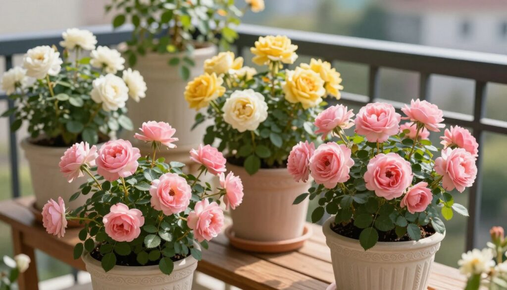 A beautiful balcony scene featuring an array of vibrant roses in elegant containers, showcasing different varieties suited for pot planting. In the foreground, focus on a lush pink rose bush in a decorative ceramic pot, its blossoms fully opened under the gentle sunlight. In the middle, several other containers host different colored roses, including yellow and white varieties, artistically arranged on a wooden table. The background should have a soft, blurred view of a sunny balcony with green leaves cascading from nearby plants, creating a serene atmosphere. Use natural daylight to illuminate the scene, enhancing the freshness of the flowers, and capture this image from a slightly elevated angle for a comprehensive view of the roses. The overall mood should be inviting and cheerful, perfect for a garden enthusiast. A beautiful balcony scene featuring an array of vibrant roses in elegant containers, showcasing different varieties suited for pot planting. In the foreground, focus on a lush pink rose bush in a decorative ceramic pot, its blossoms fully opened under the gentle sunlight. In the middle, several other containers host different colored roses, including yellow and white varieties, artistically arranged on a wooden table. The background should have a soft, blurred view of a sunny balcony with green leaves cascading from nearby plants, creating a serene atmosphere. Use natural daylight to illuminate the scene, enhancing the freshness of the flowers, and capture this image from a slightly elevated angle for a comprehensive view of the roses. The overall mood should be inviting and cheerful, perfect for a garden enthusiast.