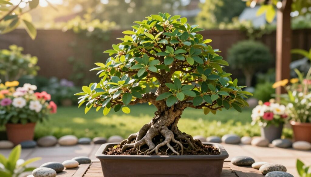 A beautiful "drzewko szczęścia," also known as bonsai tree, elegantly displayed in a well-tended home garden. In the foreground, the intricate root structure and lush green leaves of the bonsai catch the eye, emphasizing its delicate features. The middle ground features soft, blooming flowers and decorative pebbles surrounding the tree, enhancing its allure. In the background, a serene garden setting with softly blurred greenery and gentle sunlight filtering through leaves creates an inviting atmosphere. The scene is bathed in warm, golden hour lighting, casting soft shadows and highlighting the vibrant colors of the plants. The mood is tranquil and harmonious, showcasing the beauty and care of nurturing this lucky charm in both home and garden settings. A beautiful "drzewko szczęścia," also known as bonsai tree, elegantly displayed in a well-tended home garden. In the foreground, the intricate root structure and lush green leaves of the bonsai catch the eye, emphasizing its delicate features. The middle ground features soft, blooming flowers and decorative pebbles surrounding the tree, enhancing its allure. In the background, a serene garden setting with softly blurred greenery and gentle sunlight filtering through leaves creates an inviting atmosphere. The scene is bathed in warm, golden hour lighting, casting soft shadows and highlighting the vibrant colors of the plants. The mood is tranquil and harmonious, showcasing the beauty and care of nurturing this lucky charm in both home and garden settings.