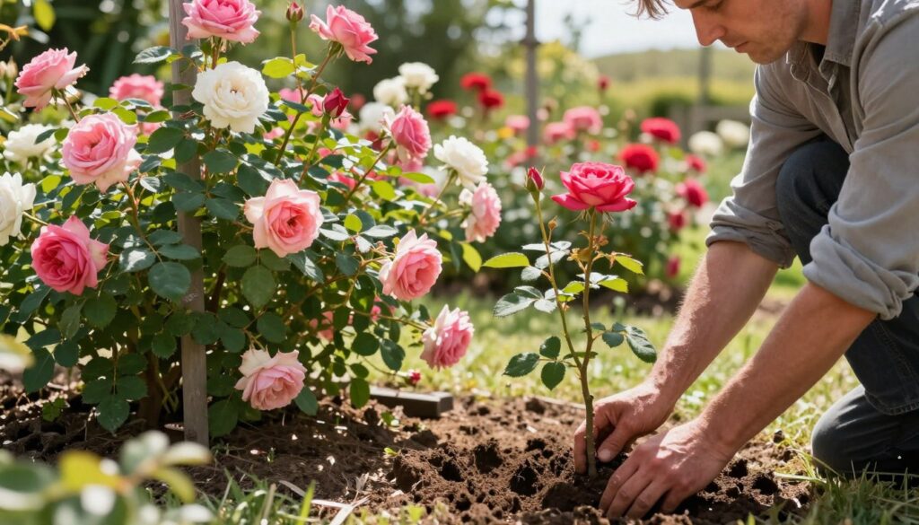 A beautiful garden scene featuring climbing roses with lush green leaves. In the foreground, a close-up view of a gardener in modest casual clothing, carefully planting a bare-root rose bush into a well-prepared planting hole. The middle ground showcases an array of vibrant, blooming climbing roses in various shades of pink, red, and white, intertwined with a trellis. In the background, a soft-focus view of a sunny garden landscape, with dappled sunlight filtering through the foliage, creating a warm and inviting atmosphere. The image is bright and vibrant, emphasizing the beauty of the roses and the technique of planting. Ideal lighting captures the detail of the petals and leaves, enhancing the freshness of the scene. A beautiful garden scene featuring climbing roses with lush green leaves. In the foreground, a close-up view of a gardener in modest casual clothing, carefully planting a bare-root rose bush into a well-prepared planting hole. The middle ground showcases an array of vibrant, blooming climbing roses in various shades of pink, red, and white, intertwined with a trellis. In the background, a soft-focus view of a sunny garden landscape, with dappled sunlight filtering through the foliage, creating a warm and inviting atmosphere. The image is bright and vibrant, emphasizing the beauty of the roses and the technique of planting. Ideal lighting captures the detail of the petals and leaves, enhancing the freshness of the scene.