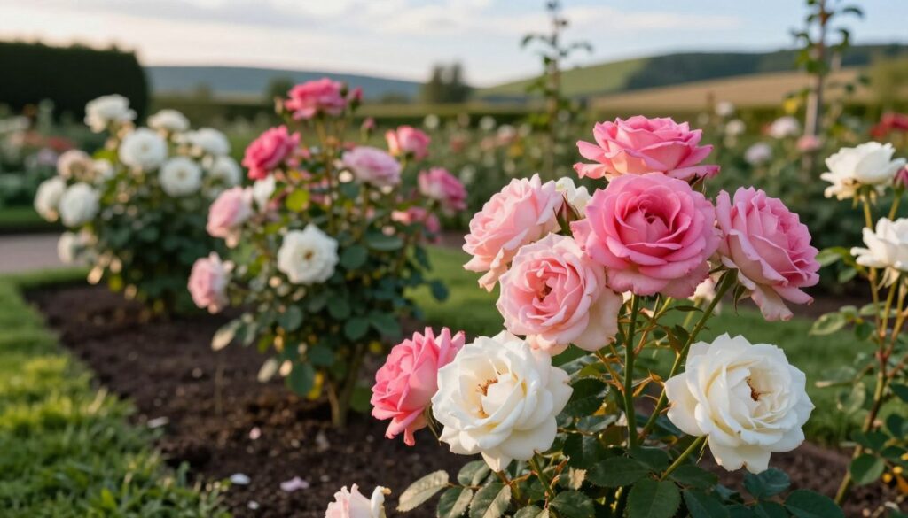 A beautiful garden scene featuring elegant "róże pienne" (standard roses) in full bloom. In the foreground, showcase a cluster of vibrant pink and white roses atop sturdy, green stems, highlighting their round, lush canopies. In the middle ground, create a well-maintained flower bed with rich, dark soil, accentuated by green foliage and manicured leaves around the rose trunks. In the background, add a soft-focus view of a sunny garden landscape, with gentle hills and blue skies, contributing to an inviting atmosphere. The lighting should be warm and natural, mimicking the golden hour, while a shallow depth of field emphasizes the detailed texture of the roses. Capture this scene from a slightly elevated angle, showcasing both the roses and the surrounding garden, evoking a sense of care and beauty in rose cultivation. A beautiful garden scene featuring elegant "róże pienne" (standard roses) in full bloom. In the foreground, showcase a cluster of vibrant pink and white roses atop sturdy, green stems, highlighting their round, lush canopies. In the middle ground, create a well-maintained flower bed with rich, dark soil, accentuated by green foliage and manicured leaves around the rose trunks. In the background, add a soft-focus view of a sunny garden landscape, with gentle hills and blue skies, contributing to an inviting atmosphere. The lighting should be warm and natural, mimicking the golden hour, while a shallow depth of field emphasizes the detailed texture of the roses. Capture this scene from a slightly elevated angle, showcasing both the roses and the surrounding garden, evoking a sense of care and beauty in rose cultivation.