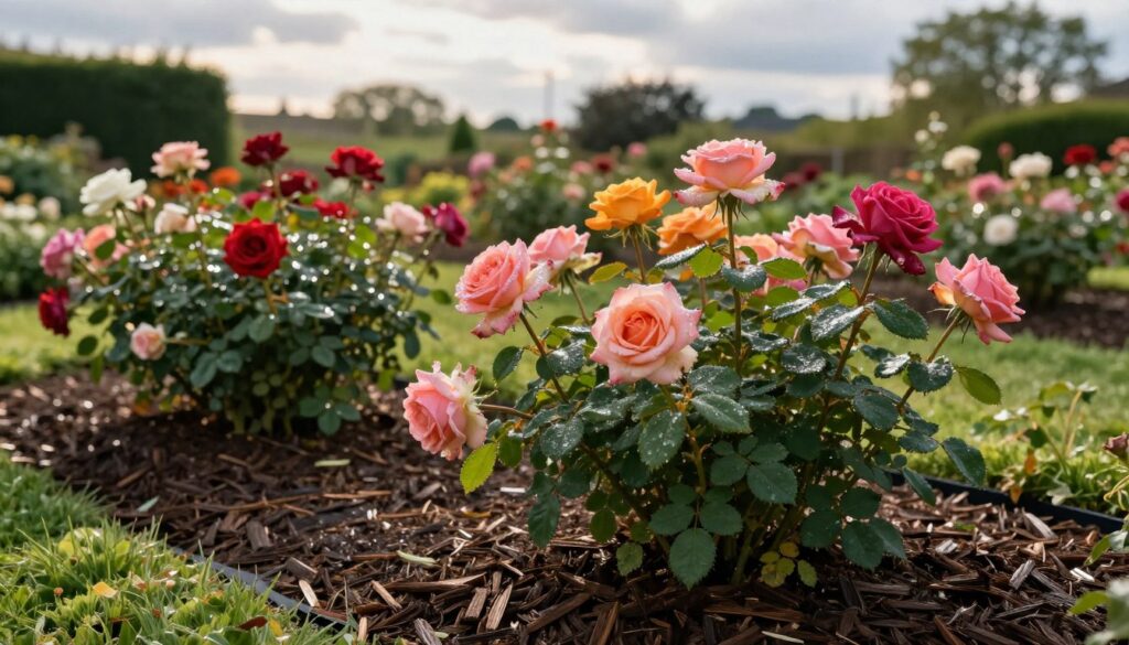 A beautiful garden scene featuring vibrant roses in various colors, with lush green foliage surrounding them. The foreground showcases rich, dark mulch evenly spread around the rose bushes, effectively illustrating a weed barrier and moisture retention. The middle ground highlights the detailed petals of the roses, glistening slightly as if kissed by morning dew. In the background, a soft-focus of blurred garden elements creates a serene ambiance, with hints of sunlight filtering through light clouds, casting gentle shadows. The atmosphere is tranquil and inviting, with a warm color palette reflecting a sunny day. Capture the scene from a slightly elevated angle to provide a comprehensive view that emphasizes the interplay between the roses and the mulch. A beautiful garden scene featuring vibrant roses in various colors, with lush green foliage surrounding them. The foreground showcases rich, dark mulch evenly spread around the rose bushes, effectively illustrating a weed barrier and moisture retention. The middle ground highlights the detailed petals of the roses, glistening slightly as if kissed by morning dew. In the background, a soft-focus of blurred garden elements creates a serene ambiance, with hints of sunlight filtering through light clouds, casting gentle shadows. The atmosphere is tranquil and inviting, with a warm color palette reflecting a sunny day. Capture the scene from a slightly elevated angle to provide a comprehensive view that emphasizes the interplay between the roses and the mulch.